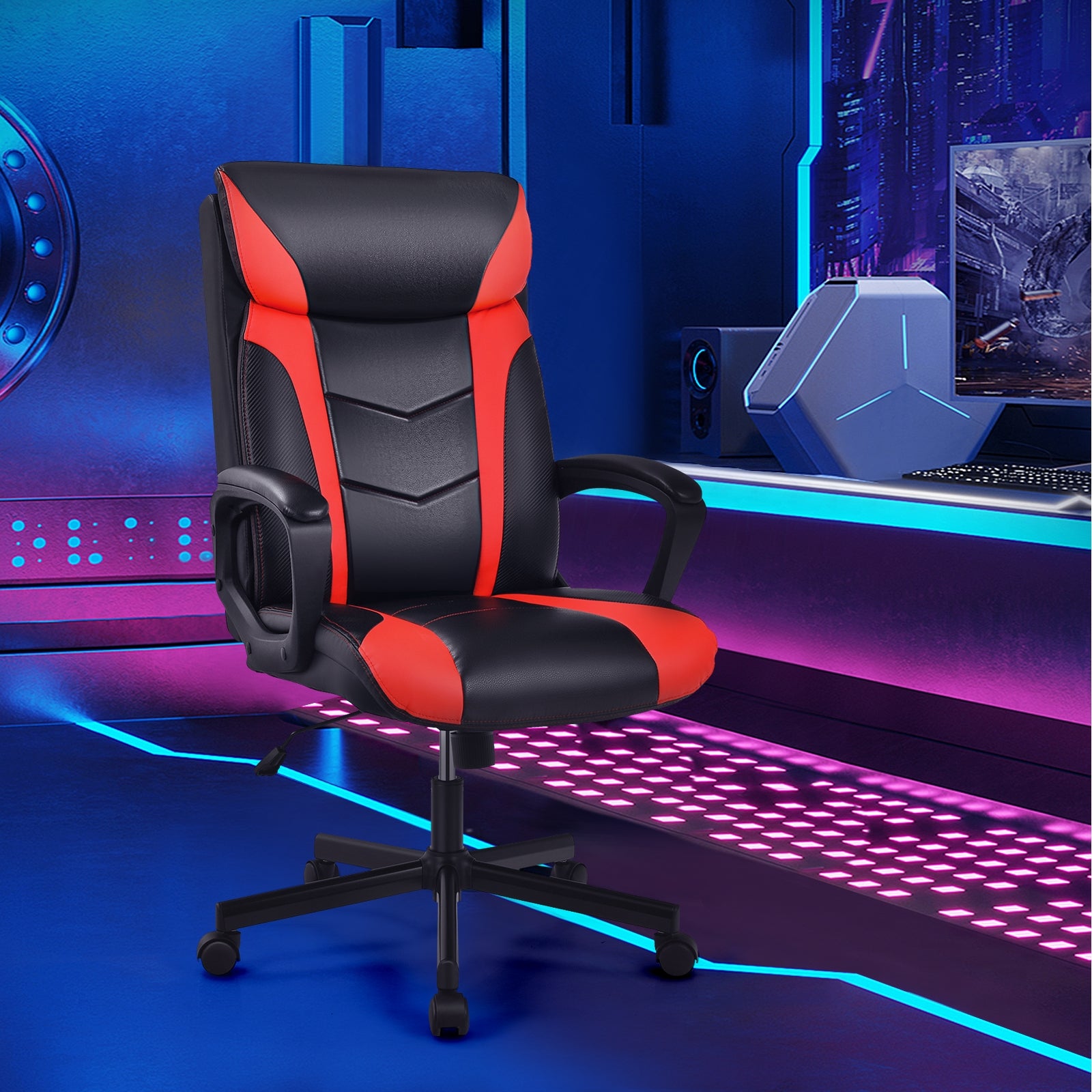 Swivel PU Leather Office Gaming Chair with Padded Armrest-RedÂ