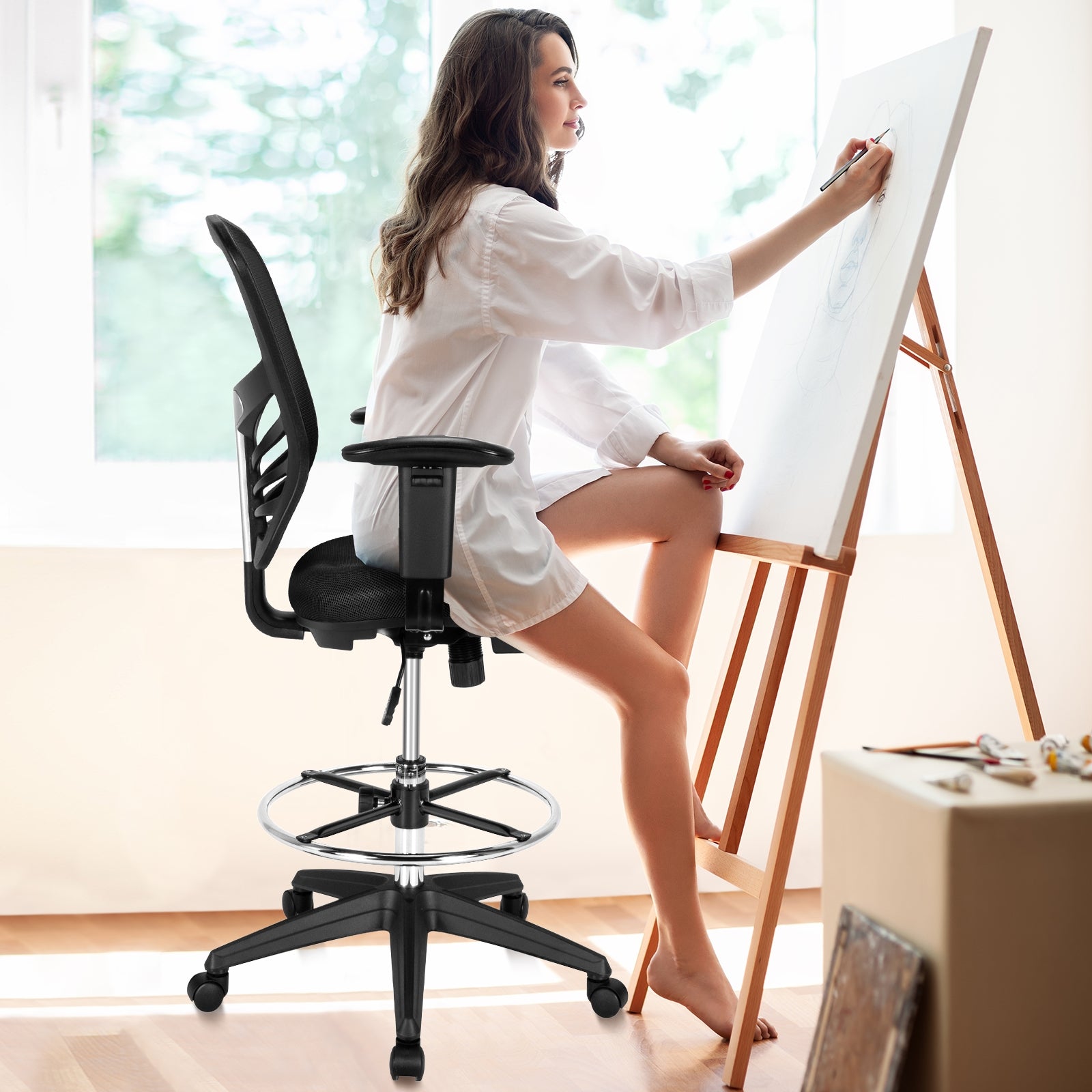 Mesh Drafting Chair Office Chair with Adjustable Armrests and Foot-Ring-BlackÂ