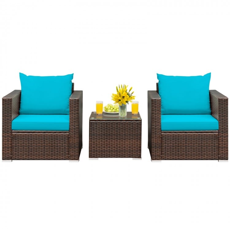 3 Pcs Patio Conversation Rattan Furniture Set with Cushion-Turquoise