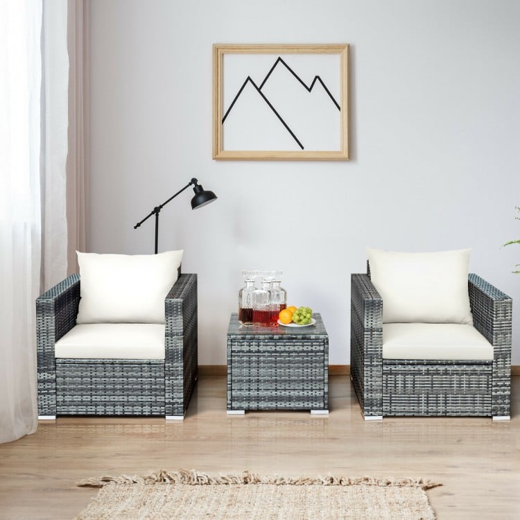3 Pcs Patio Rattan Furniture Bistro Sofa Set with Cushioned-White