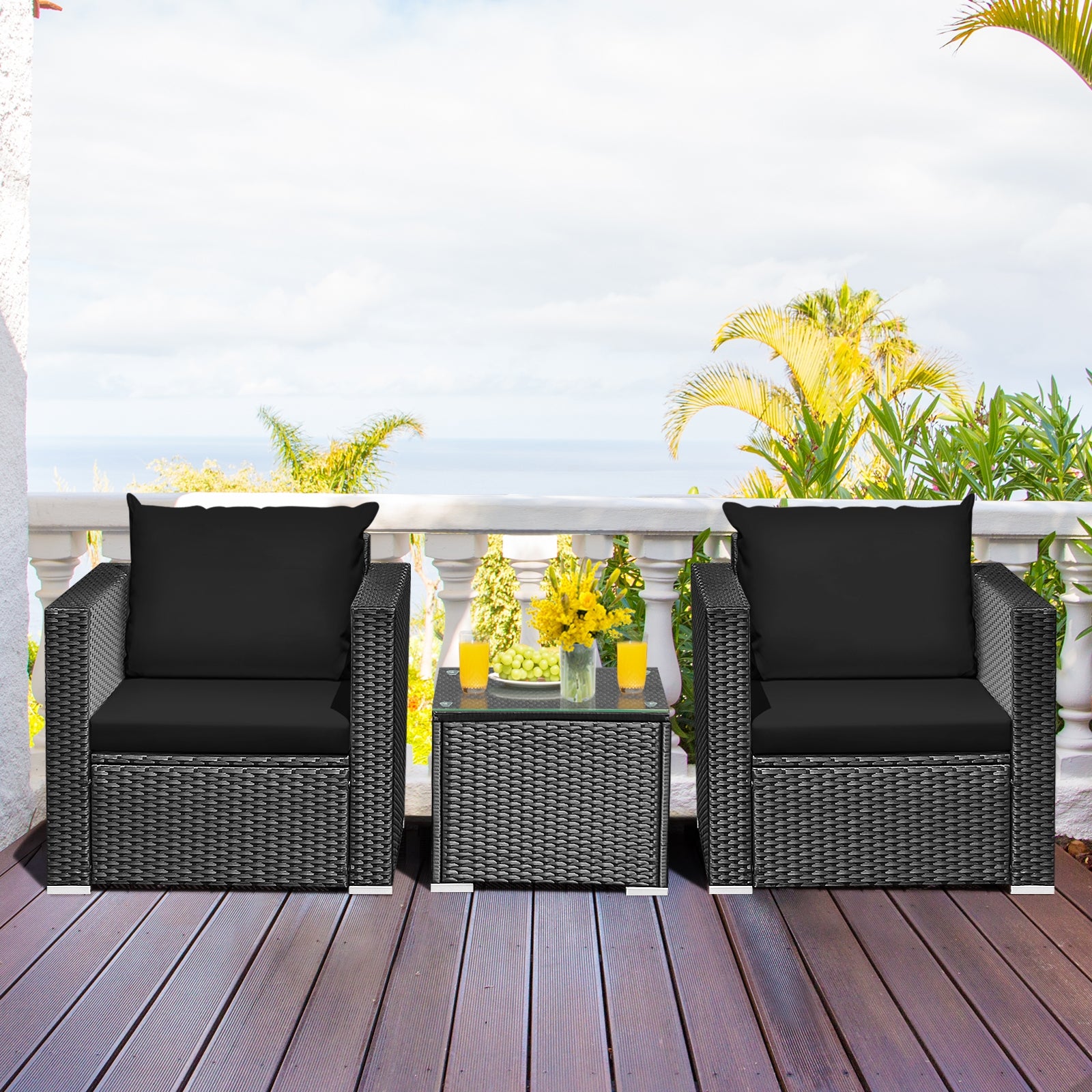 3 Pieces Patio Wicker Conversation Set with Cushion-BlackÂ