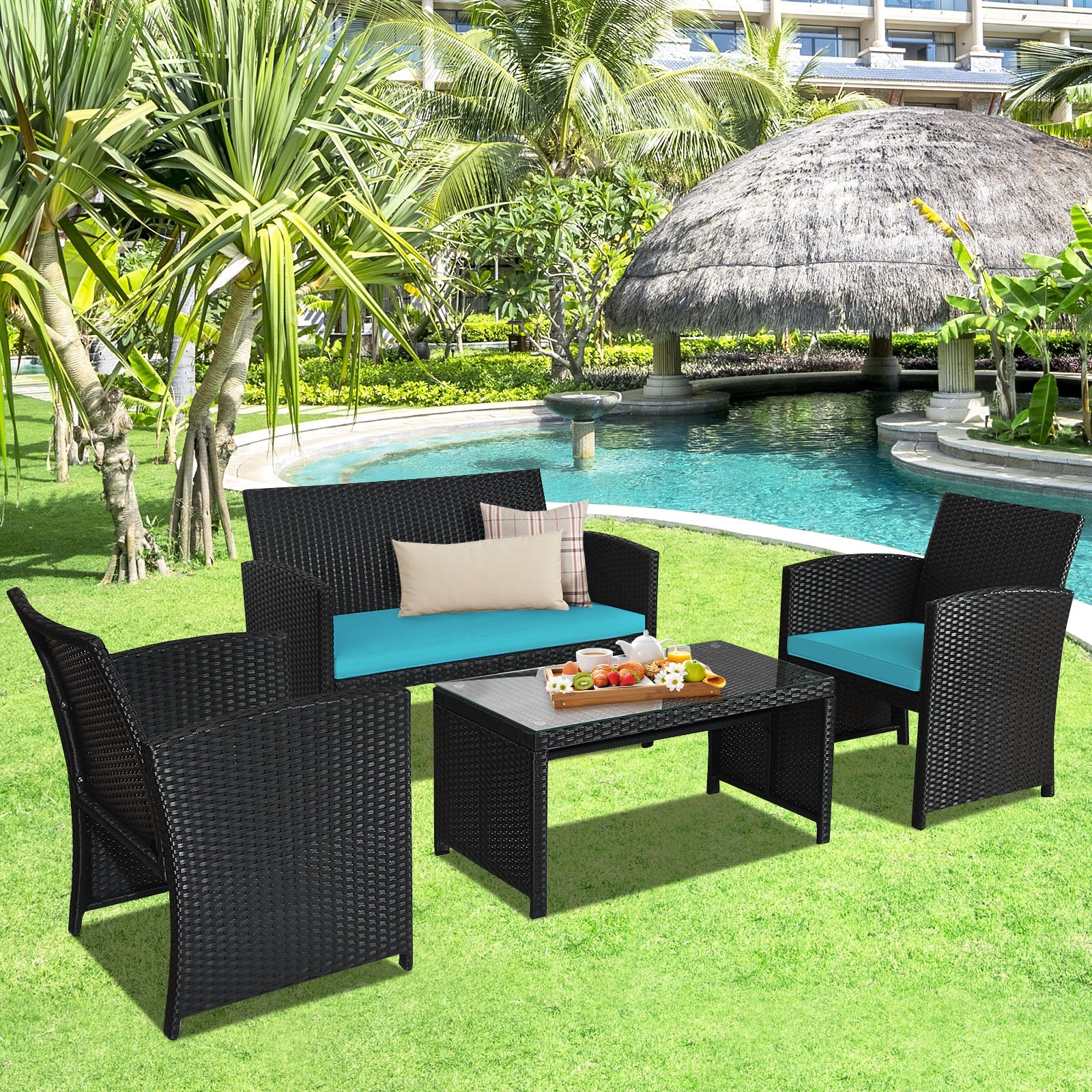 4 Pieces Rattan Patio Furniture Set with Weather Resistant Cushions and Tempered Glass Tabletop-TurquoiseÂ