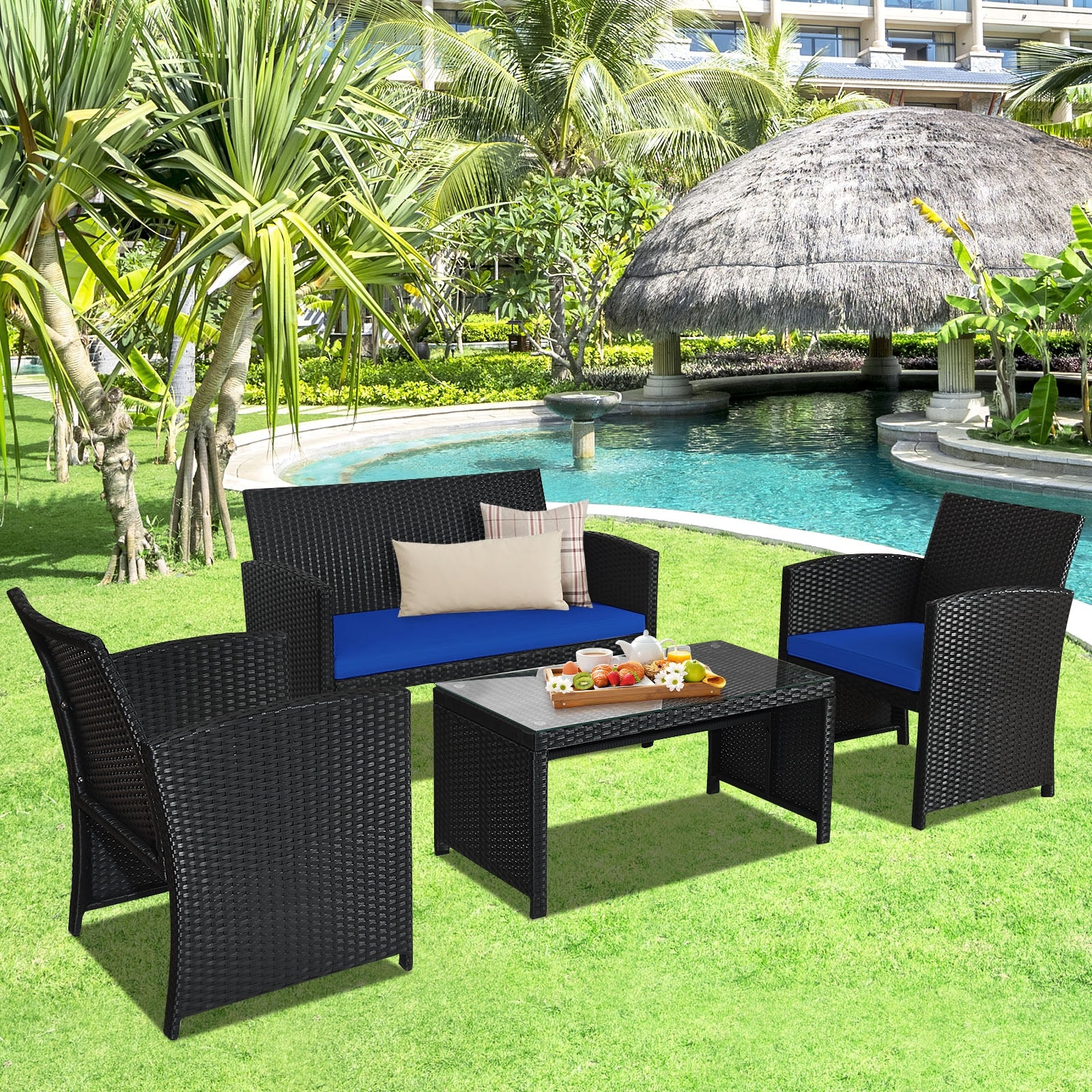 4 Pieces Rattan Patio Furniture Set with Weather Resistant Cushions and Tempered Glass Tabletop-NavyÂ