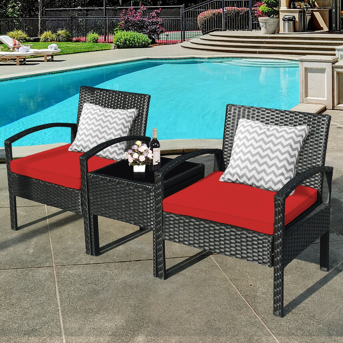 3 Pieces Outdoor Rattan Patio Conversation Set with Seat Cushions-RedÂ
