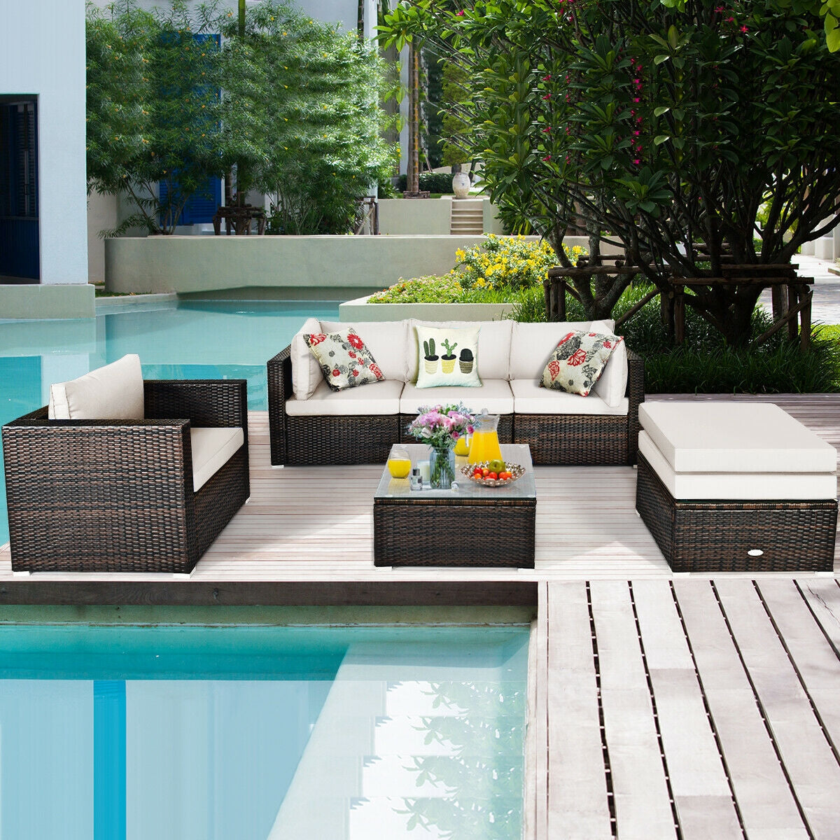6 Pieces Patio Rattan Furniture Set with Sectional Cushion-WhiteÂ
