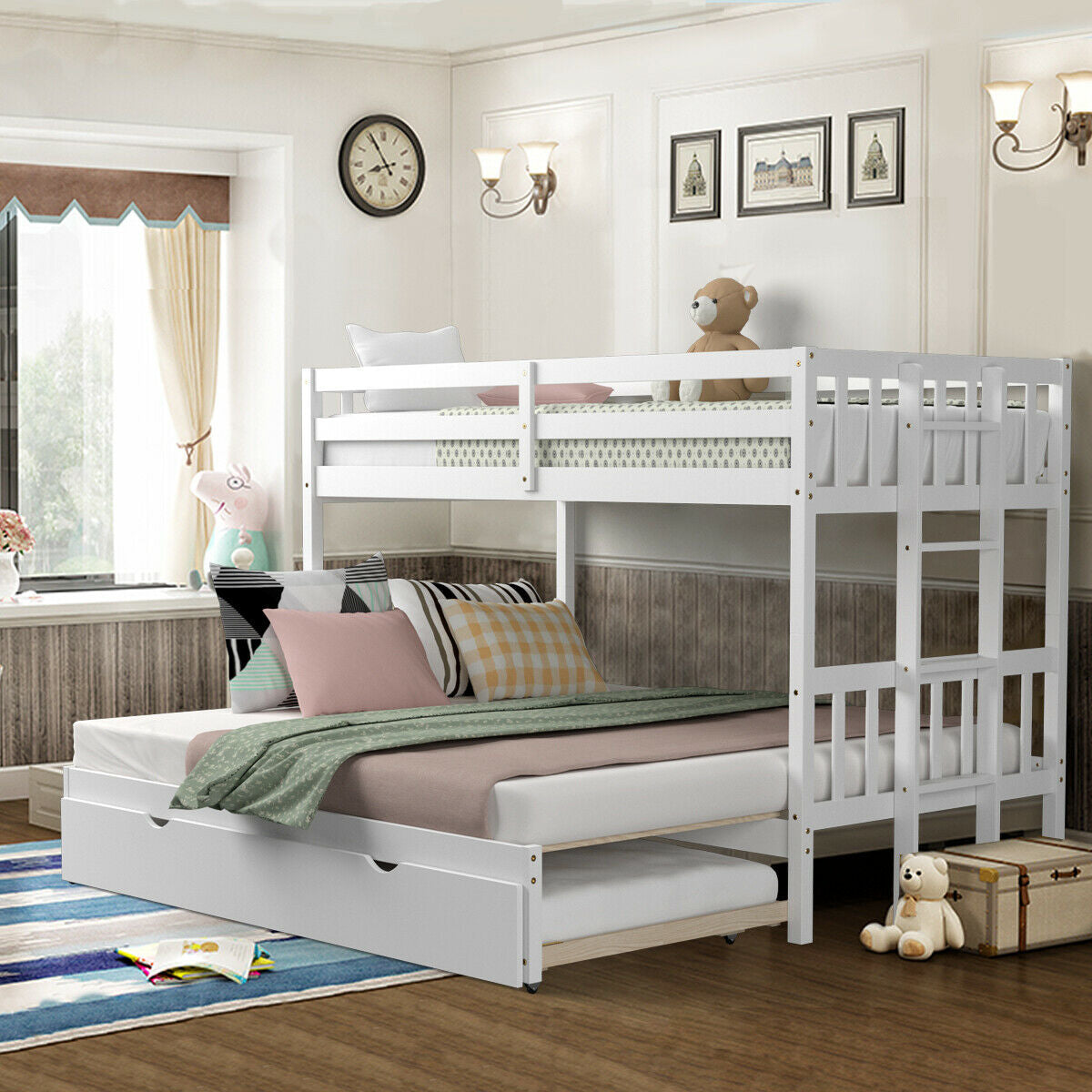 Twin Pull-Out Bunk Bed with Trundle Wooden Ladder-WhiteÂ