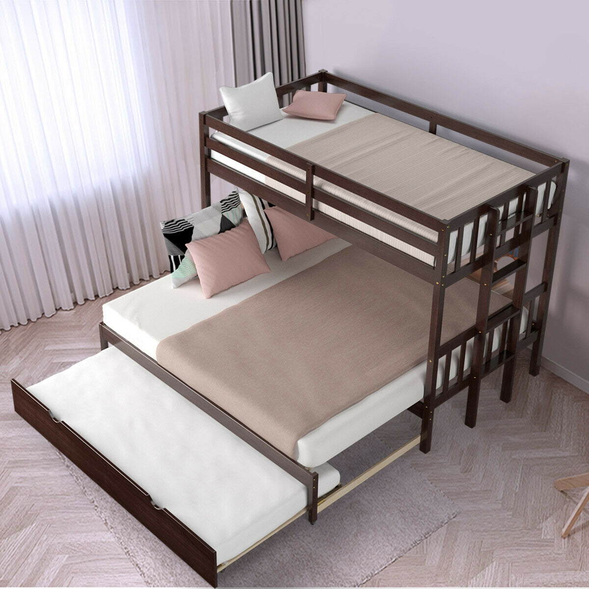 Twin Pull-Out Bunk Bed with Trundle Wooden Ladder-Dark BrownÂ