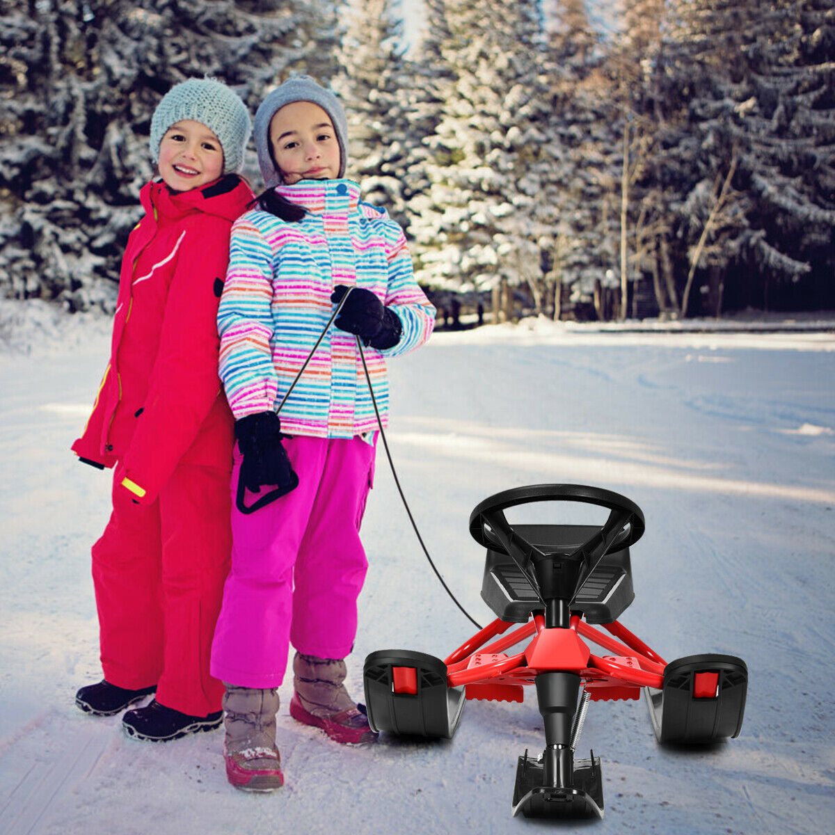 55.5 x 23.5 Inch Snow Sled with Steering Wheel and Double Brakes Pull Rope SliderÂ