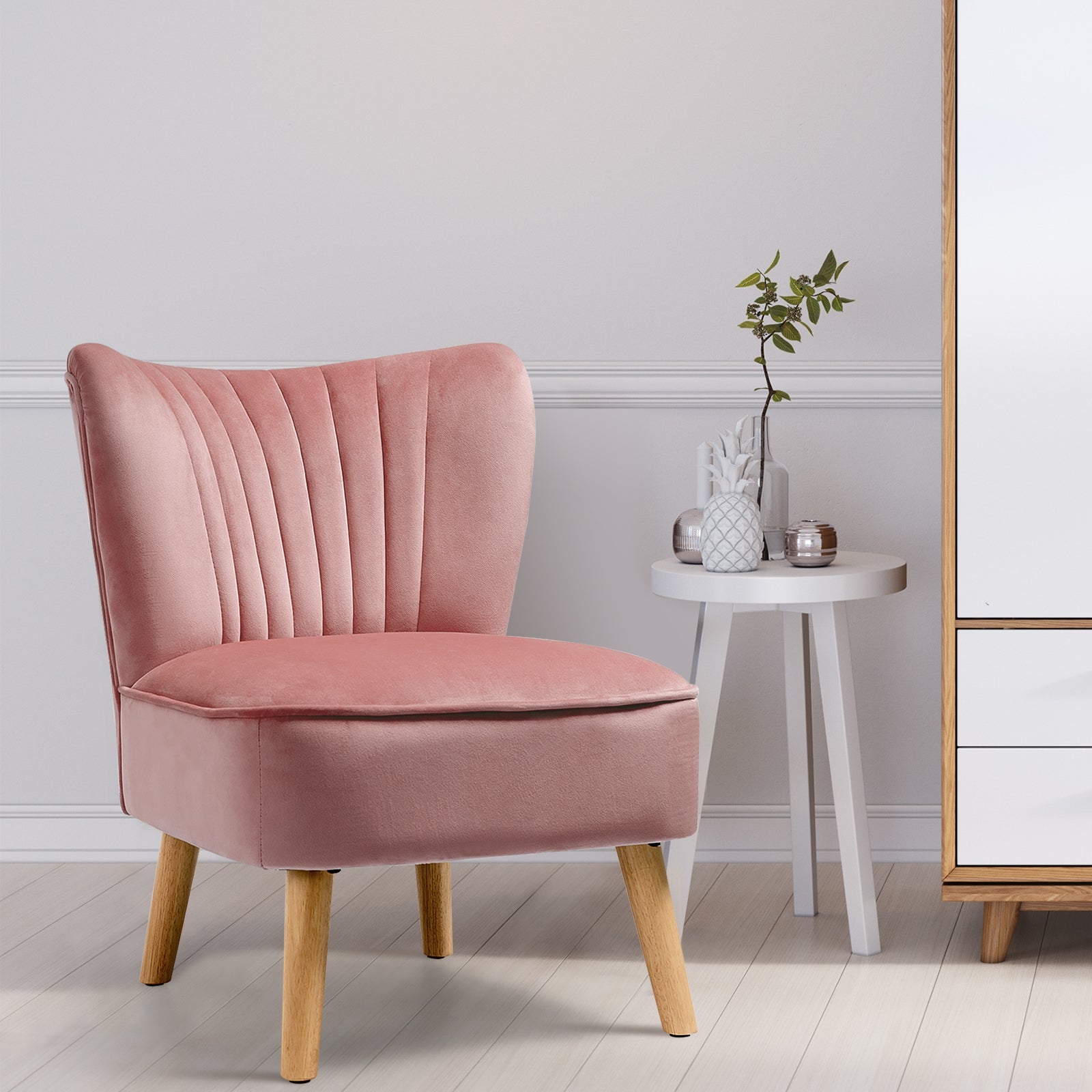 Modern Armless Velvet Accent Chair with Wood Legs-PinkÂ