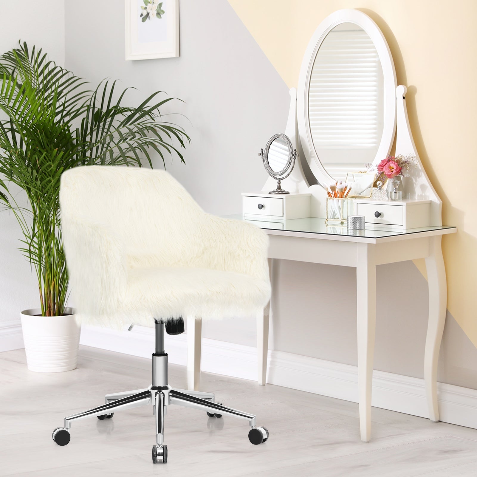 Modern Fluffy Faux Fur Vanity Office Chair for Teens Girls-BeigeÂ
