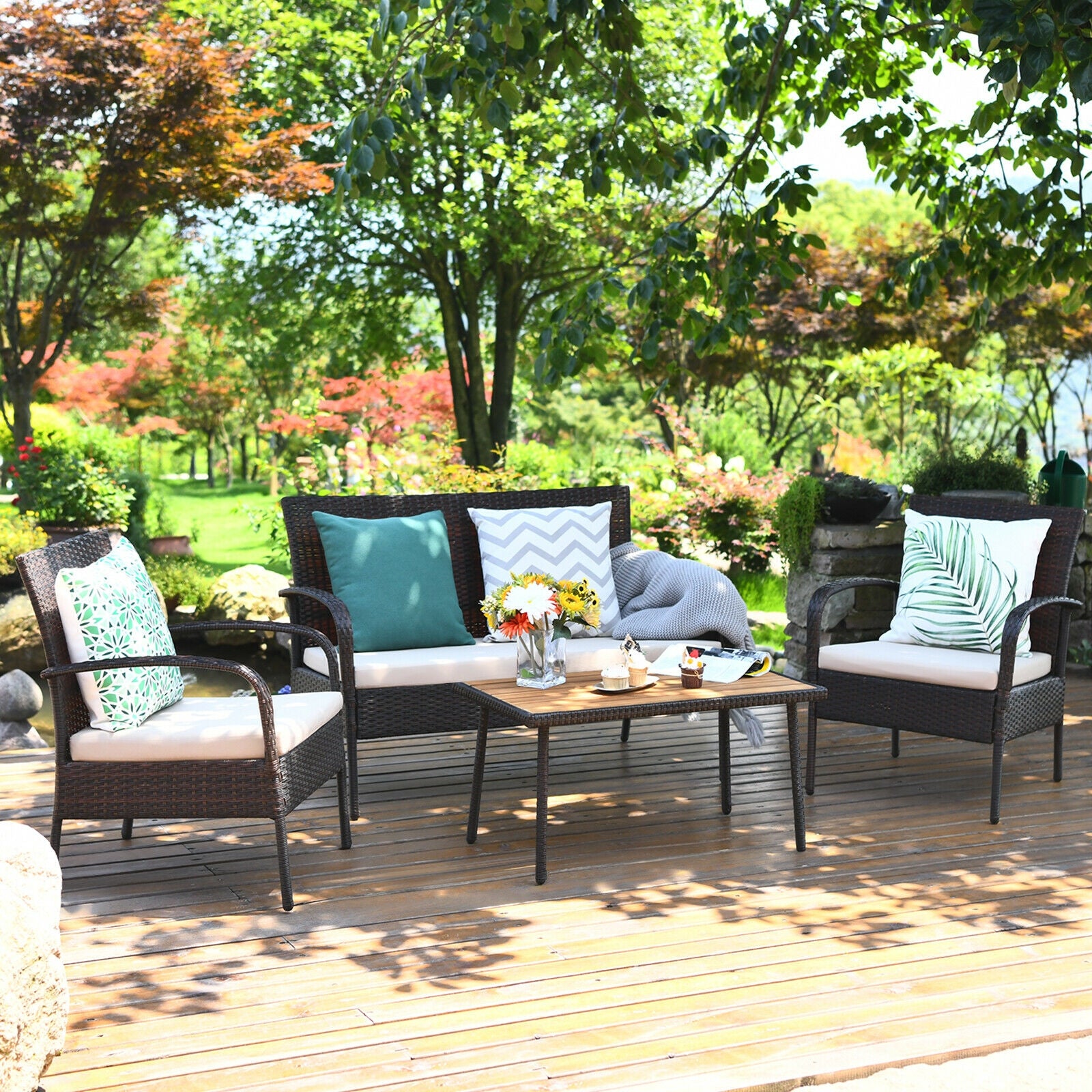 4 Pieces Patio Cushioned Wicker Conversation Set with Acacia Wood TabletopÂ