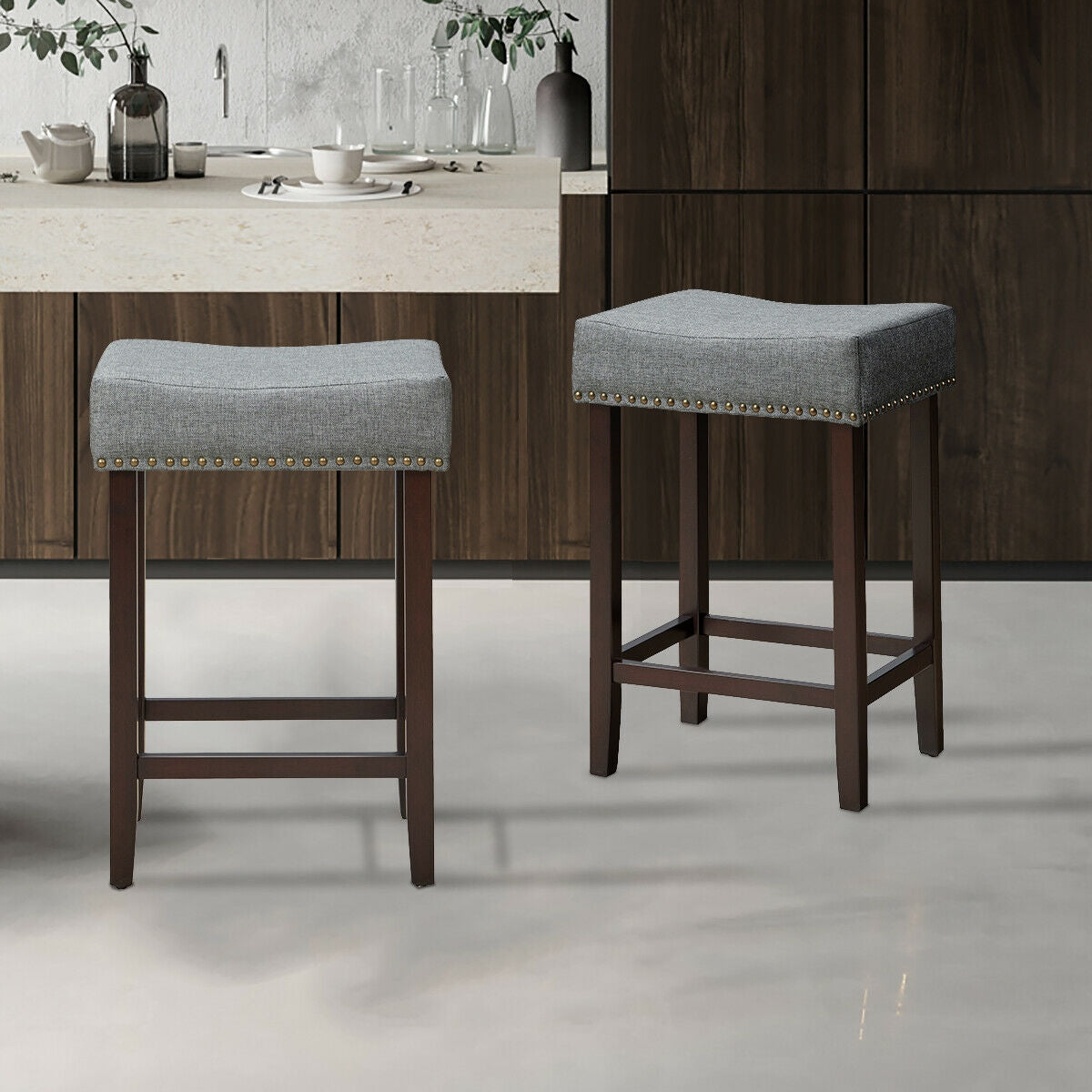 2 Pieces Nailhead Saddle Bar Stools with Fabric Seat and Wood Legs-GrayÂ