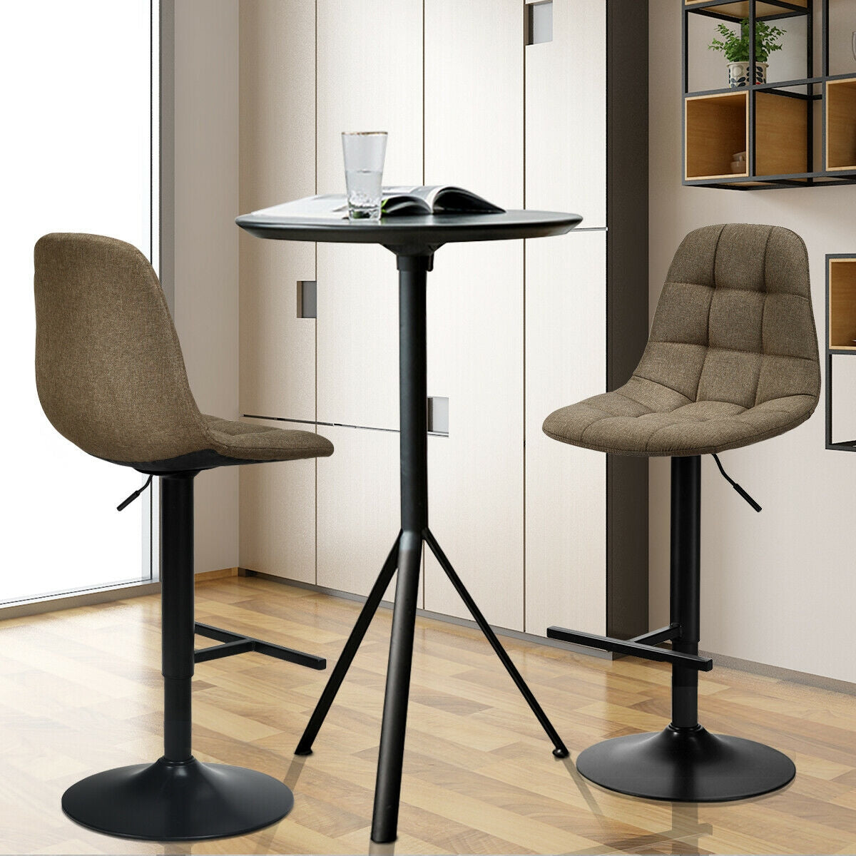 2 Pieces Adjustable Bar Stools Swivel Counter Height Linen Chairs-BrownÂ