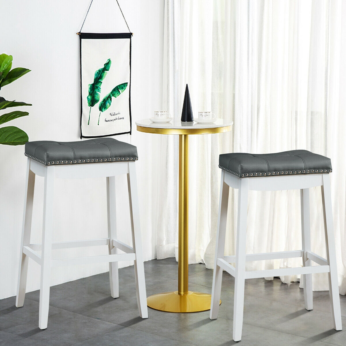 29â€Set of 2 Nailhead Saddle Bar Stools-WhiteÂ