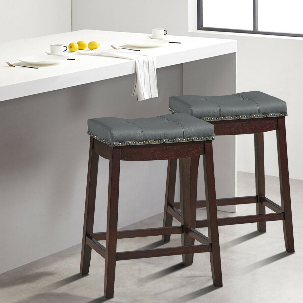 Set of 2 Nailhead Saddle Bar Stools-BrownÂ
