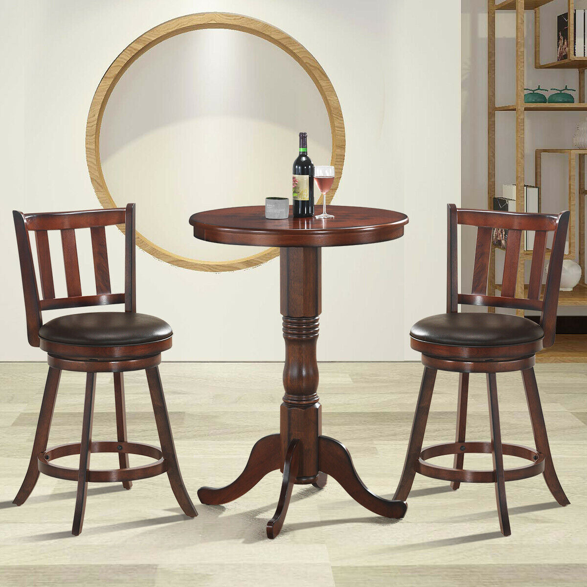 Set of 2 Wood Swivel Counter Height Dining Pub Bar Stools with PVC Cushioned Seat-25 InchÂ