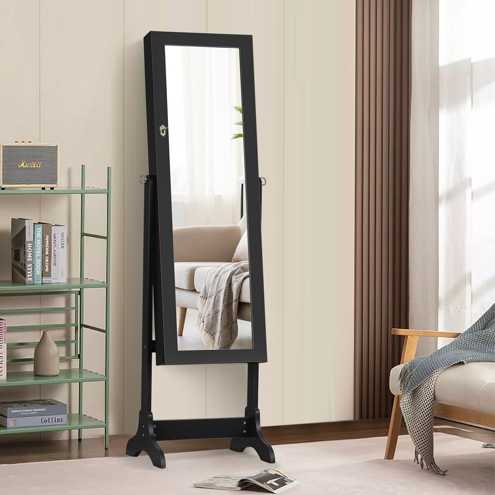 Lockable Mirrored Jewelry Cabinet Armoire Storage Organizer Box-BlackÂ