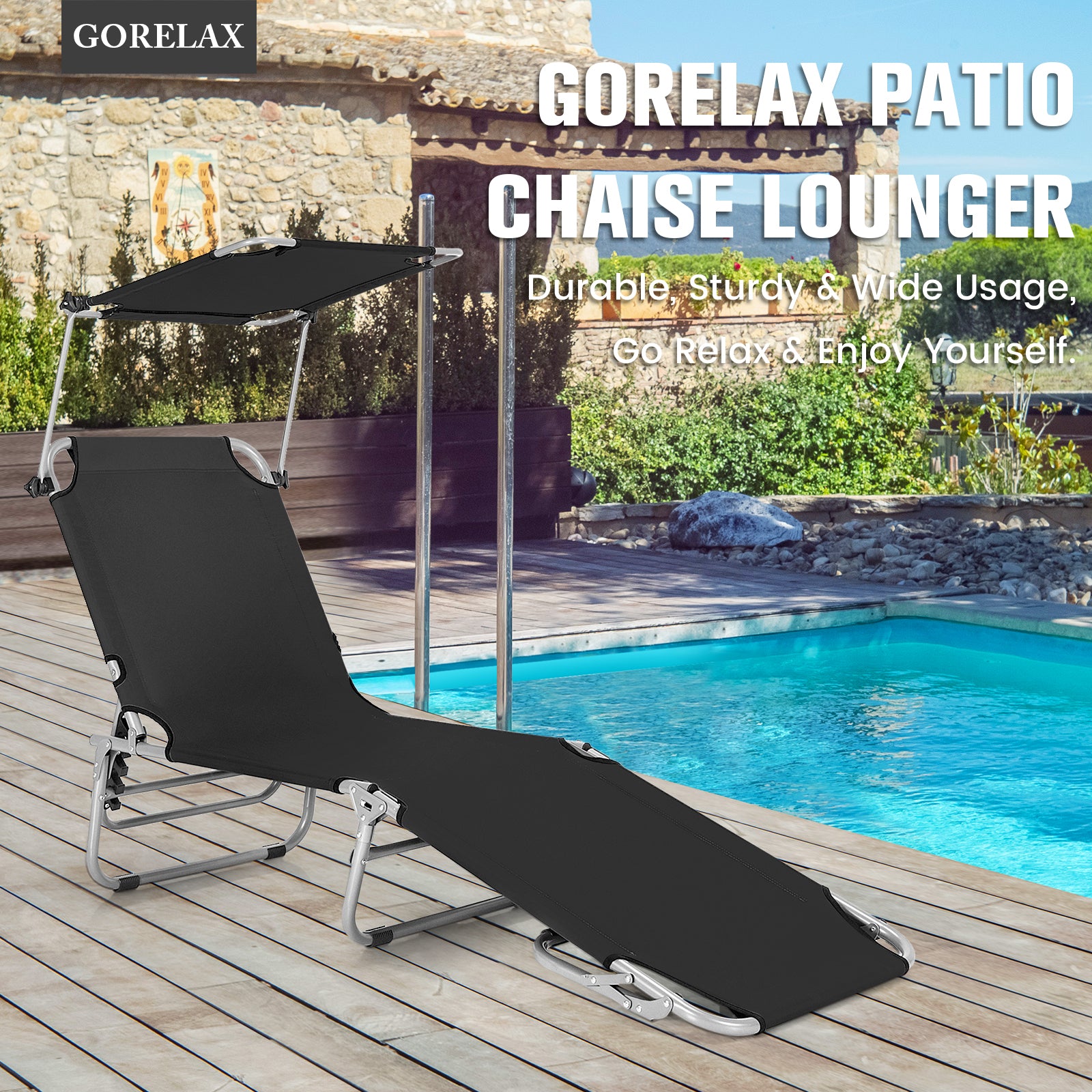 Adjustable Outdoor Beach Patio Pool Recliner with Sun Shade-BlackÂ