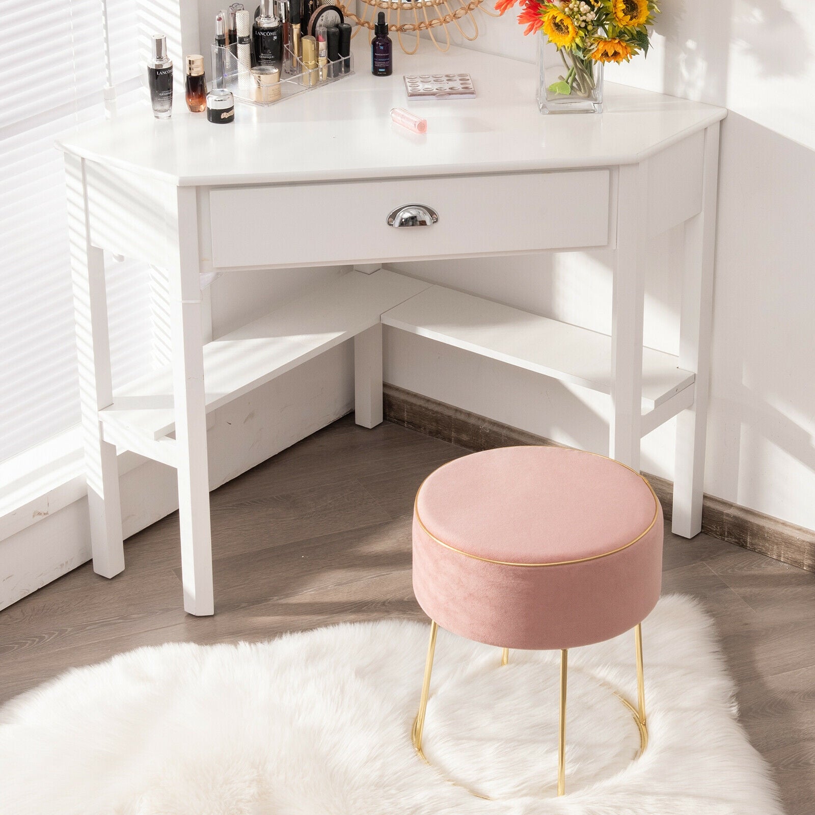 Round Velvet Footrest Stool Ottoman with Non-Slip Foot Pads for Bedside-PinkÂ