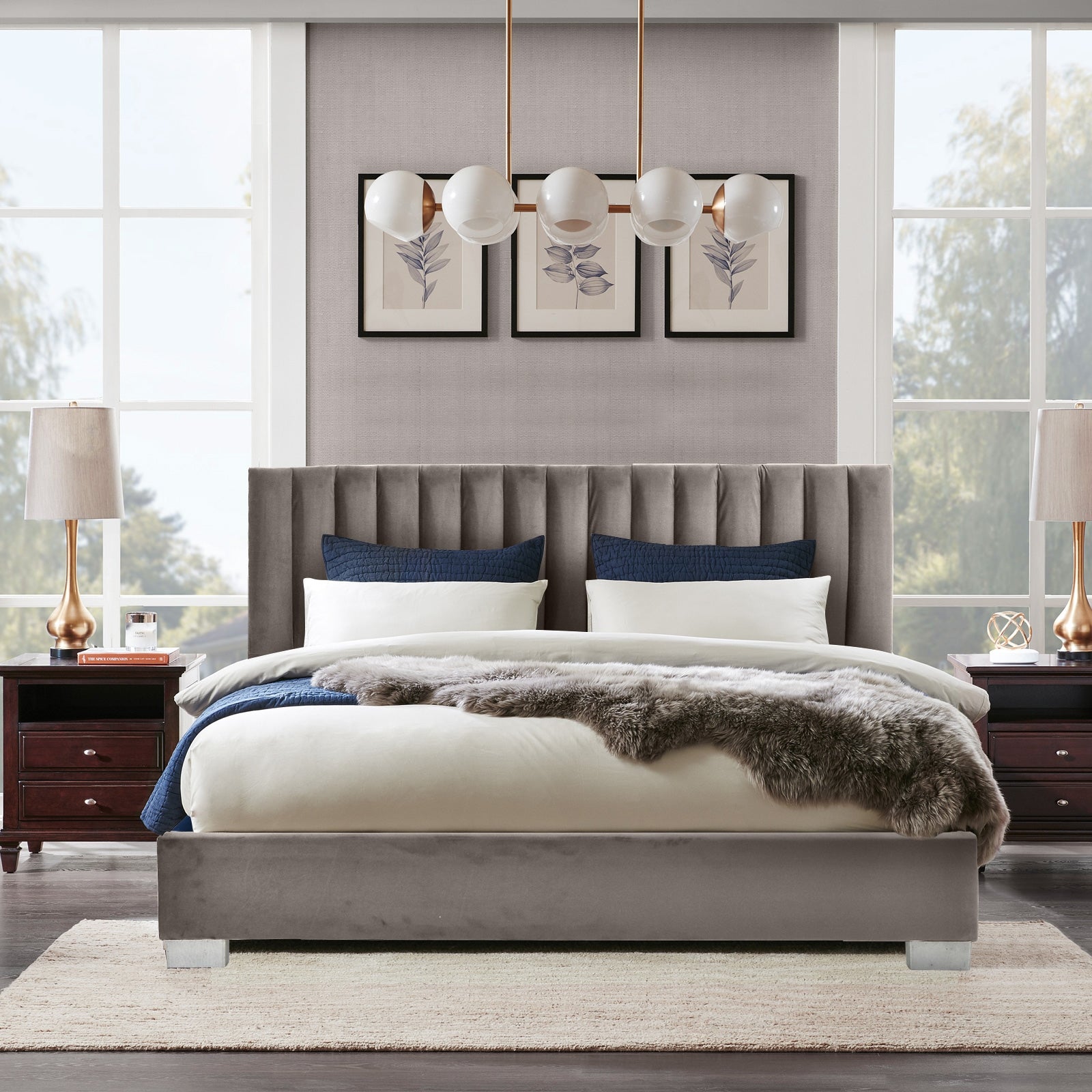Full Tufted Upholstered Platform Bed Frame with Flannel Headboard-Light GrayÂ