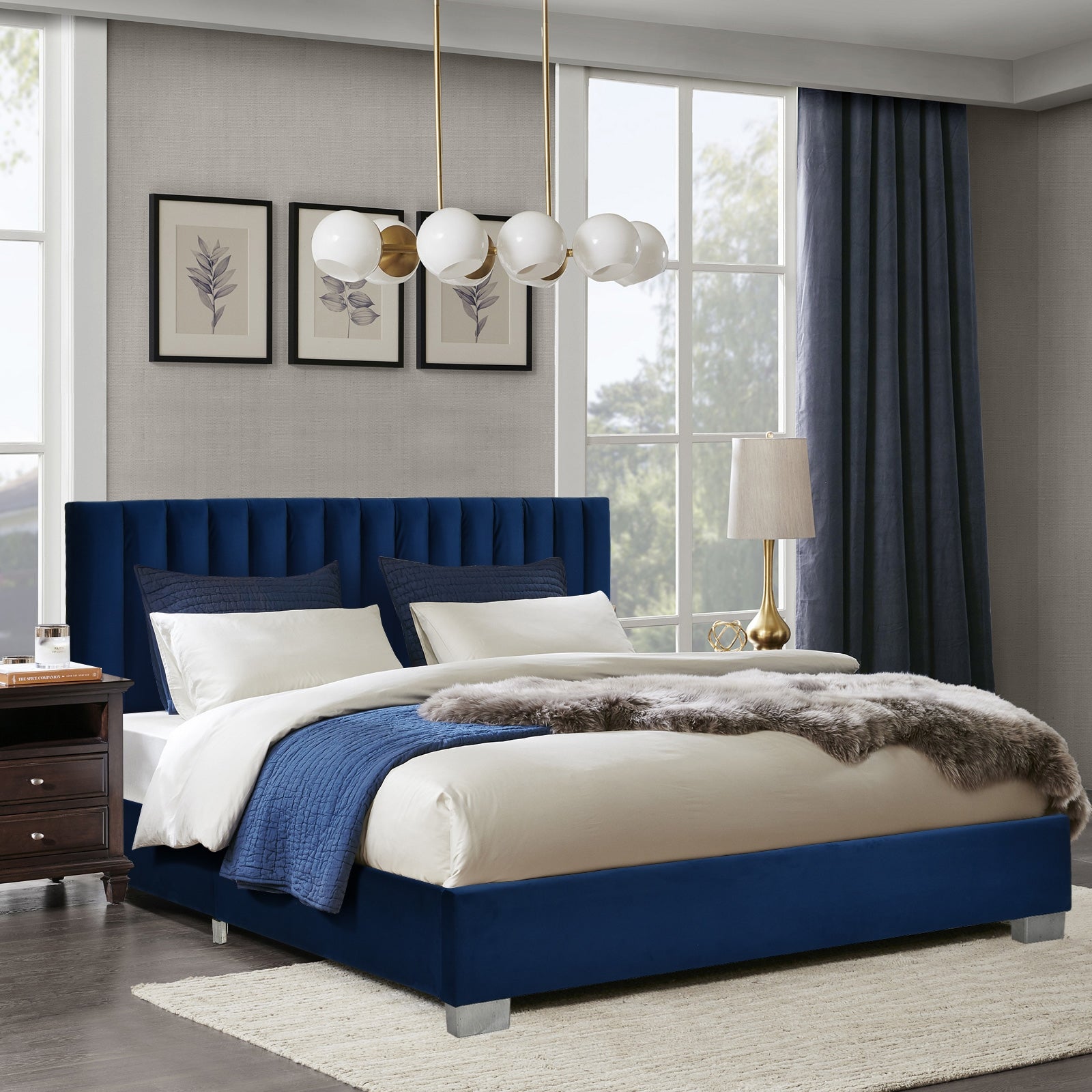 Full Tufted Upholstered Platform Bed Frame with Flannel Headboard-NavyÂ