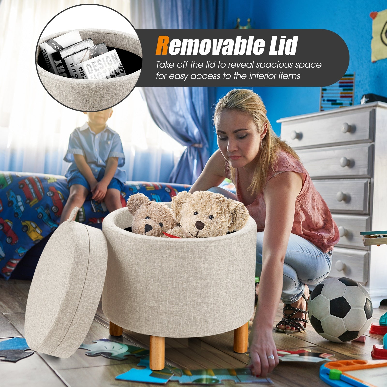 Round Fabric Storage Ottoman with Tray and Non-Slip Pads for Bedroom-BeigeÂ