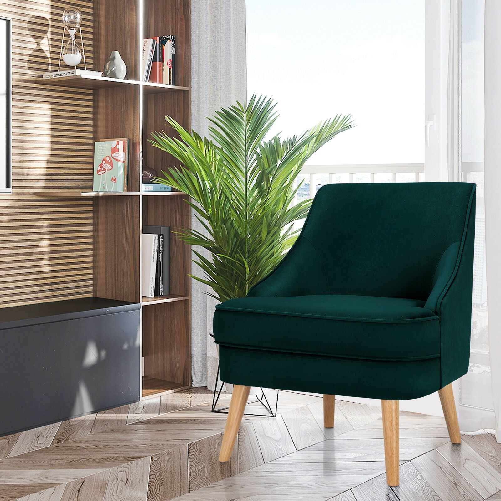 Mid Century Velvet Accent Chair with Rubber Wood Legs for Bedroom-GreenÂ
