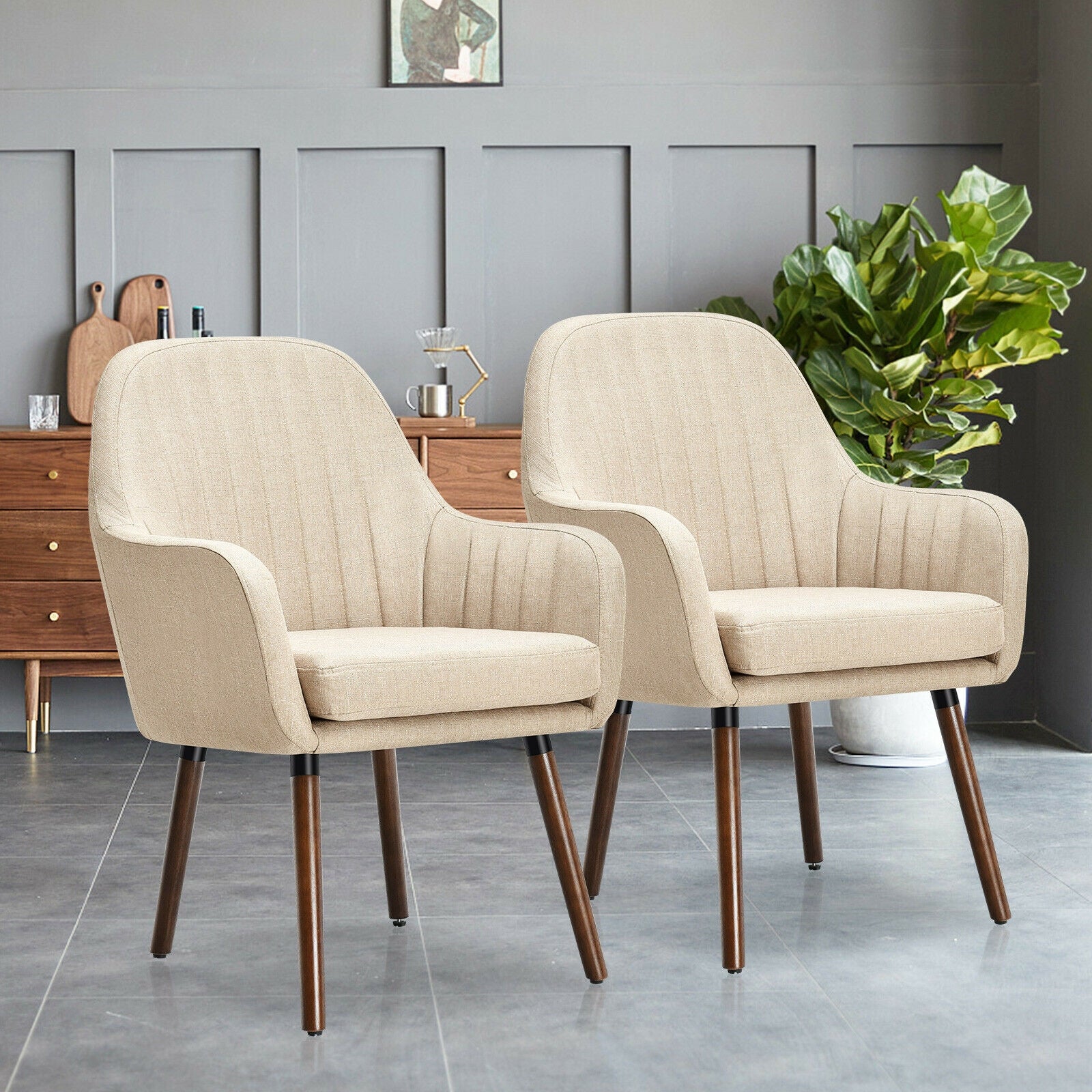 Set of 2 Fabric Upholstered Accent Chairs with Wooden Legs-BeigeÂ