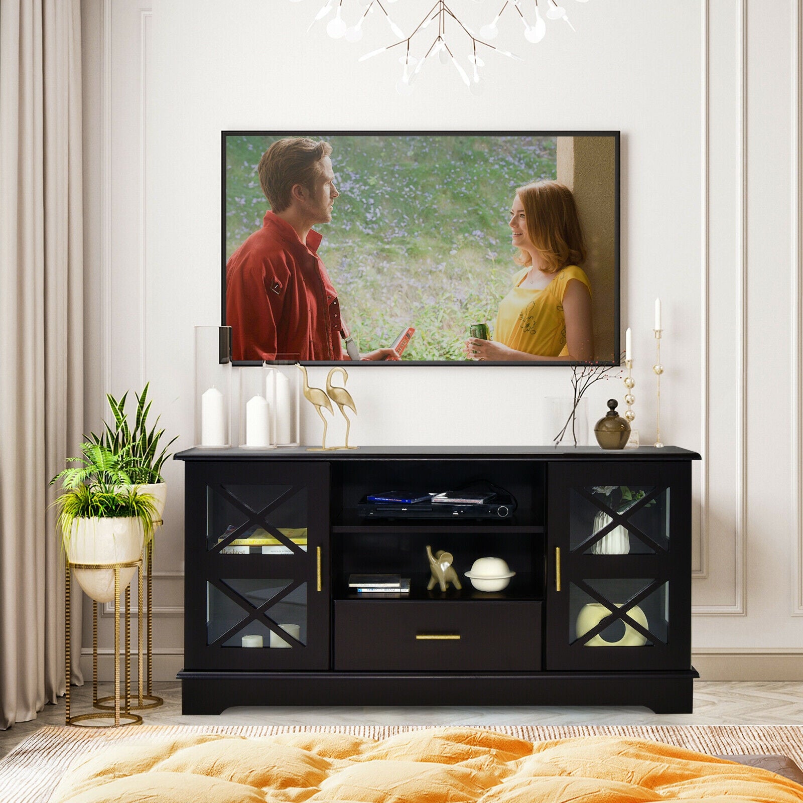 Wood TV Stand with 2 Glass Door Cabinets and 2-Tier Adjustable Shelves-BrownÂ