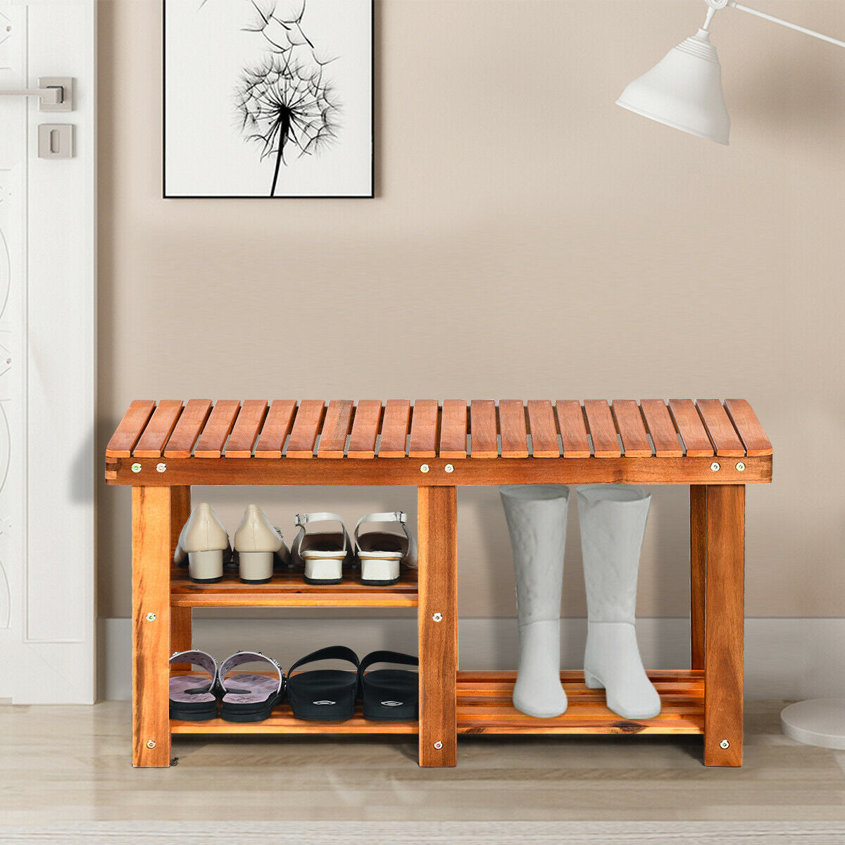 3-Tier Freestanding Wooden Shoe Organizer with SeatÂ