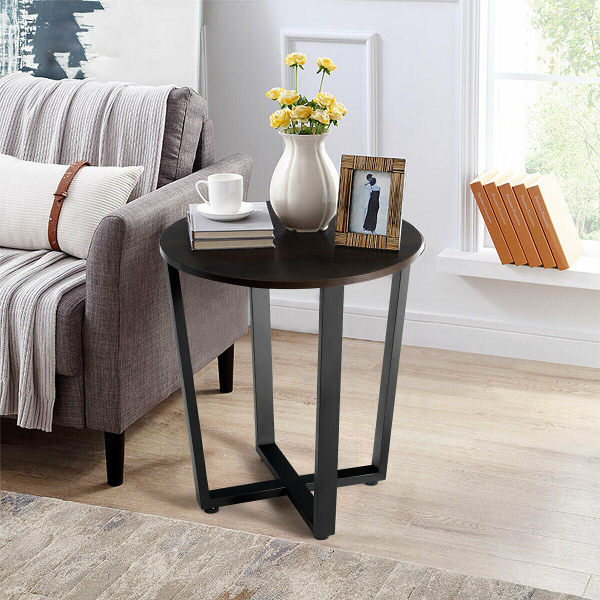 2-Tier Round End Table with Storage Shelf & Metal Frame-WalnutÂ