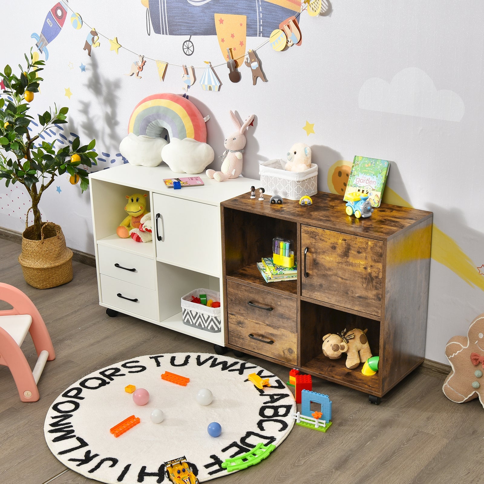 Mobile File Cabinet with Lateral Printer Stand and Storage Shelves-BrownÂ