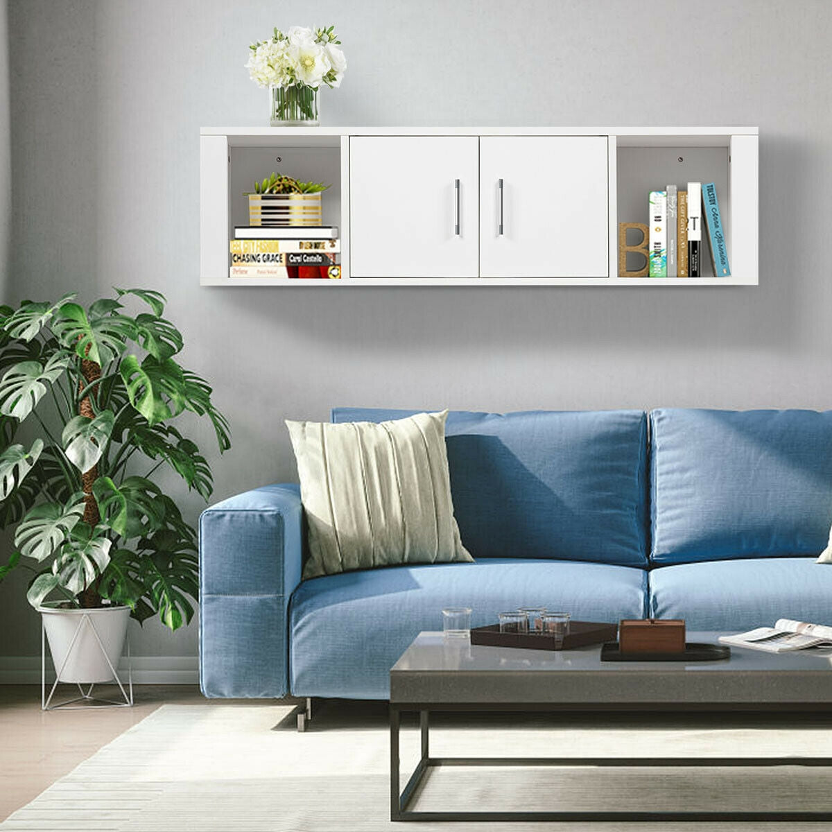 Wall Mounted Floating 2 Door Desk Hutch Storage Shelves-WhiteÂ