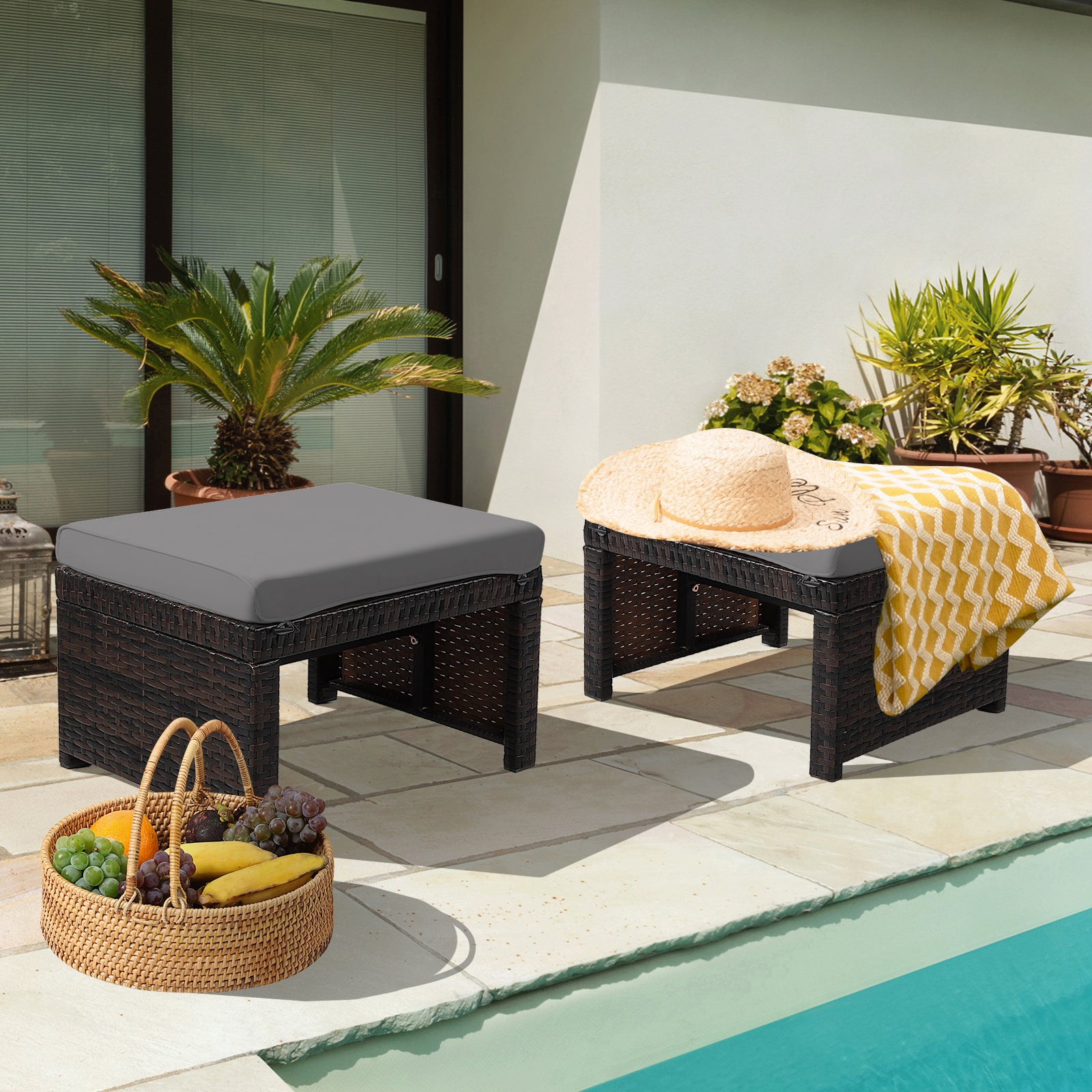 2 Pieces Patio Rattan Ottomans with Soft Cushion for Patio and Garden-GrayÂ