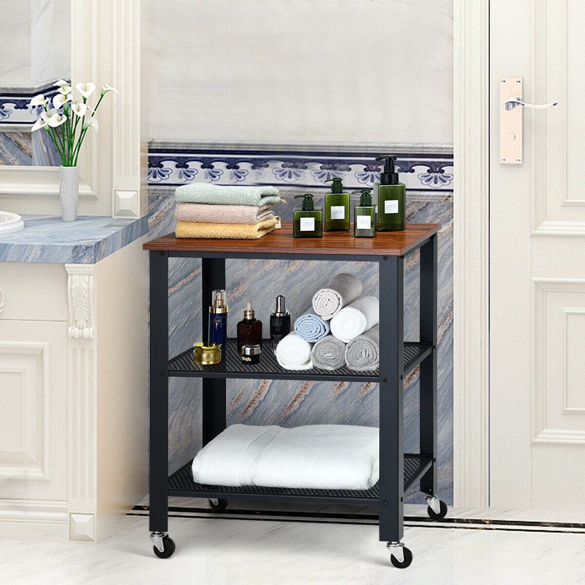 3-Tier Kitchen Utility  Industrial Cart with Storage-BrownÂ