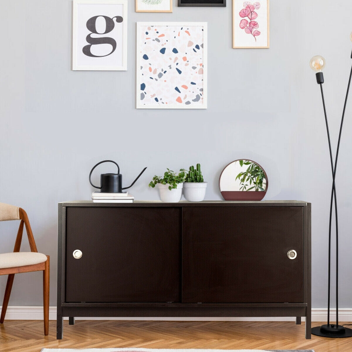 TV Stand Modern Entertainment Cabinet with Sliding Doors-Dark BrownÂ