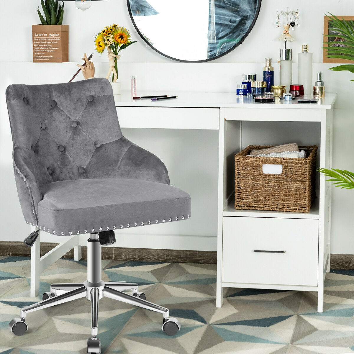 Tufted Upholstered Swivel Computer Desk Chair with Nailed Tri-GrayÂ