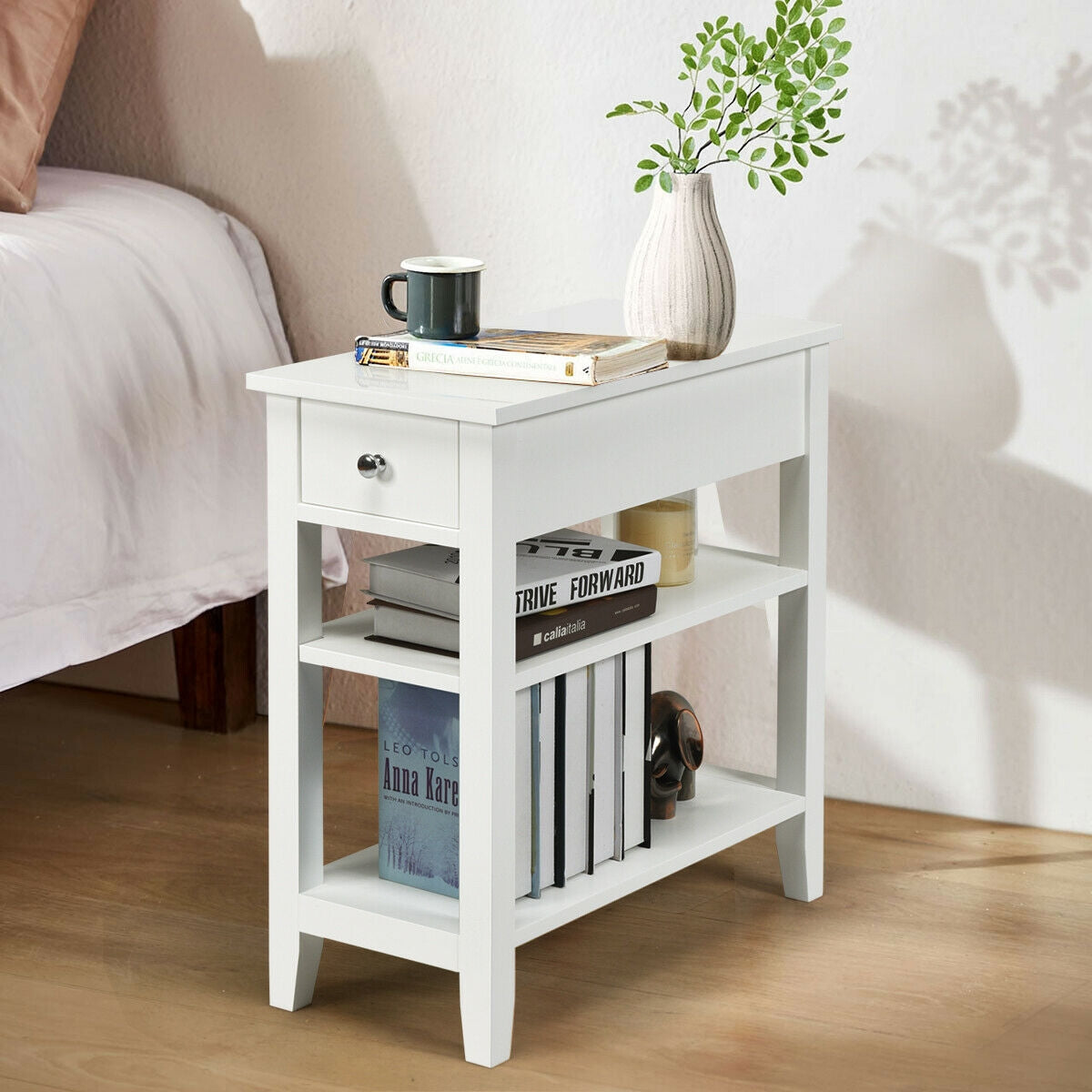 3-Tier Nightstand Bedside Table Sofa Side with Double Shelves Drawer-WhiteÂ