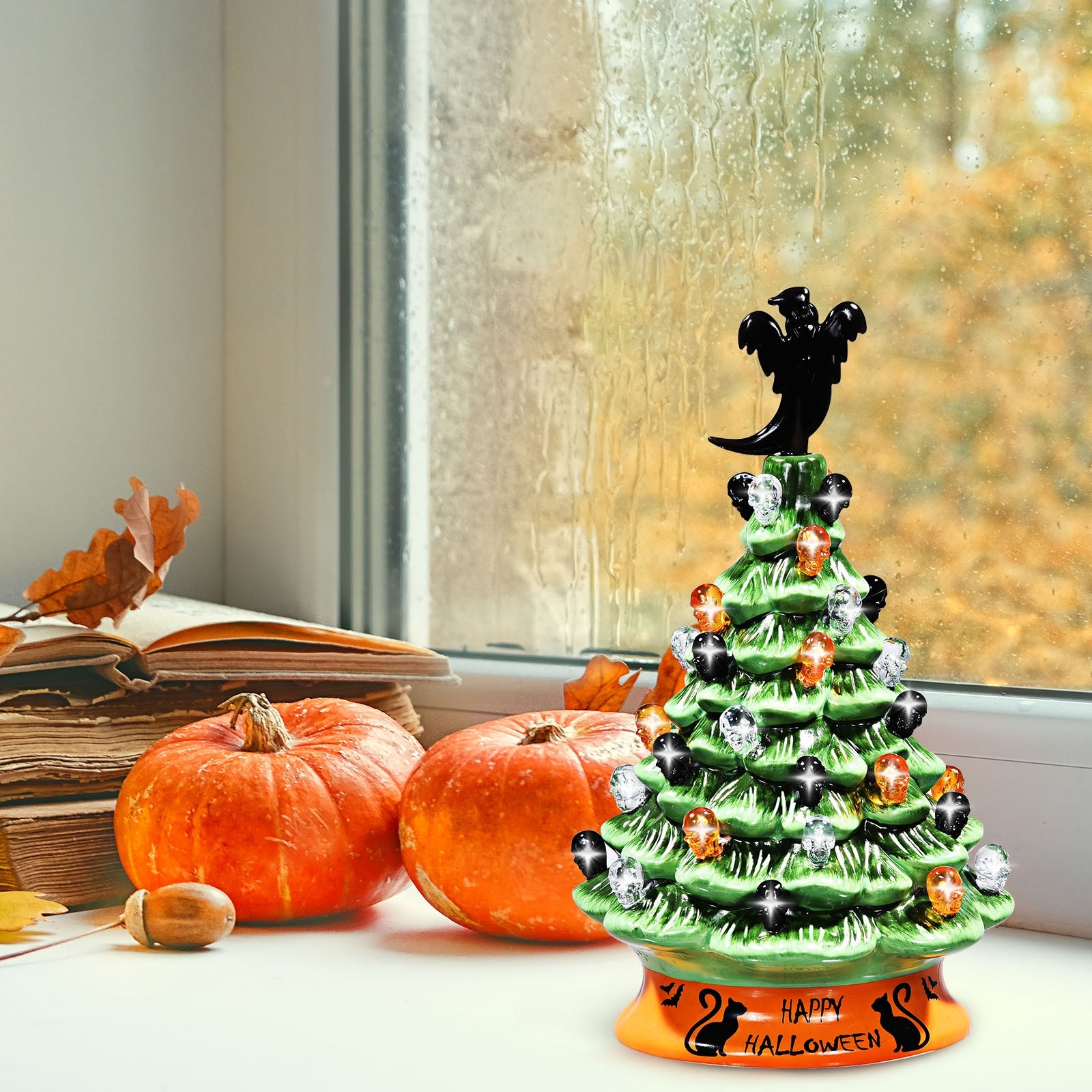11.5 Inch Pre-Lit Ceramic Hand-Painted Tabletop Halloween TreeÂ