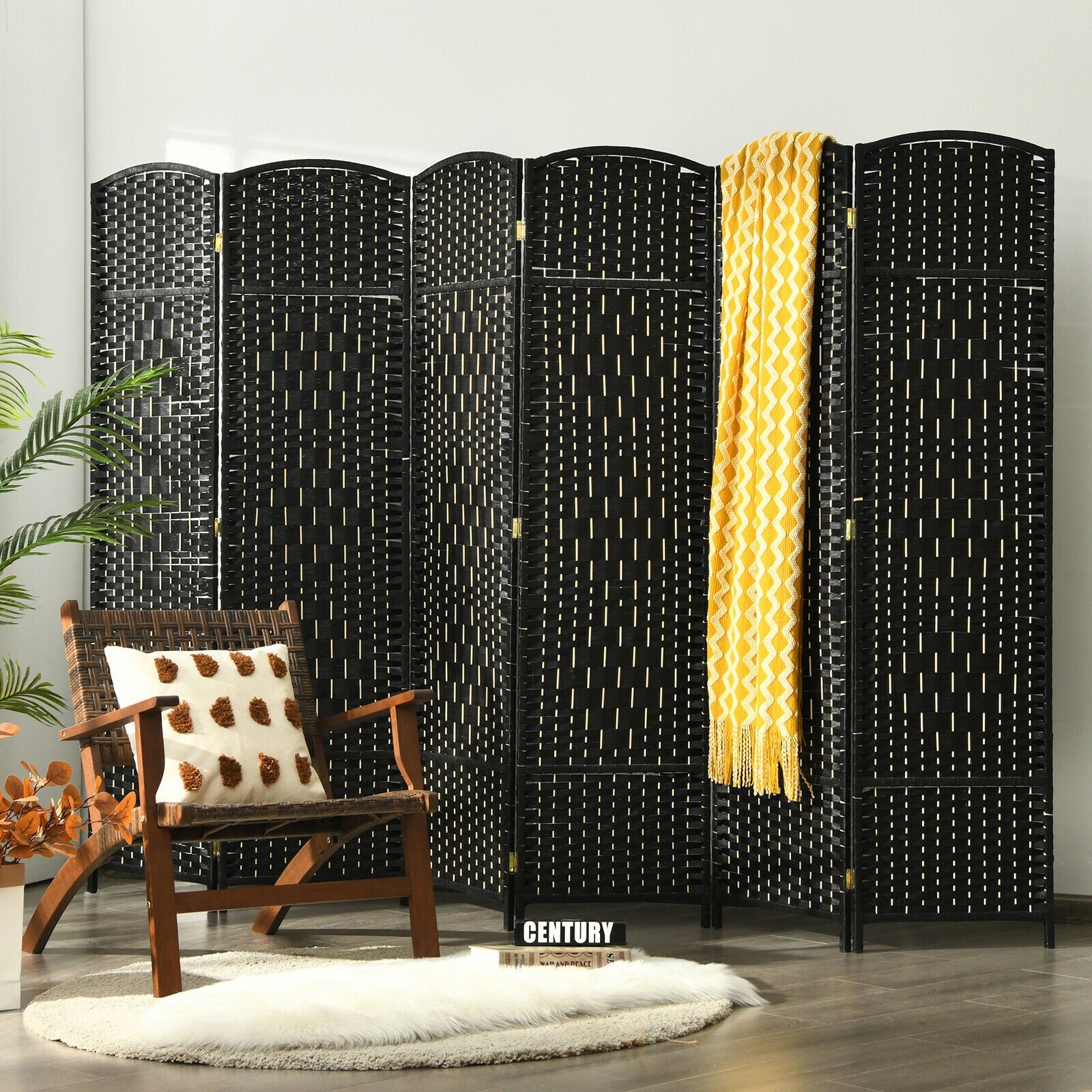 6.5Ft 6-Panel Weave Folding Fiber Room Divider Screen-BlackÂ