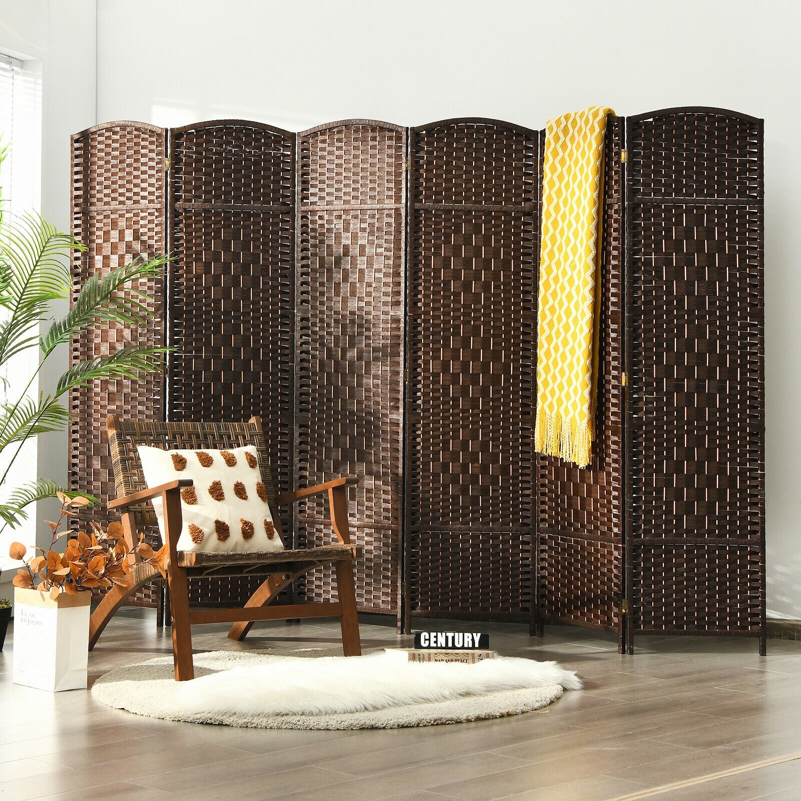 6.5Ft 6-Panel Weave Folding Fiber Room Divider Screen-BrownÂ