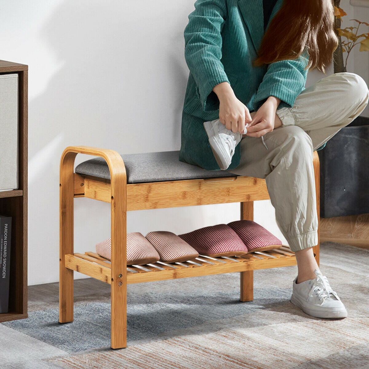 Shoe Rack Bench Bamboo with Storage Shelf -NaturalÂ