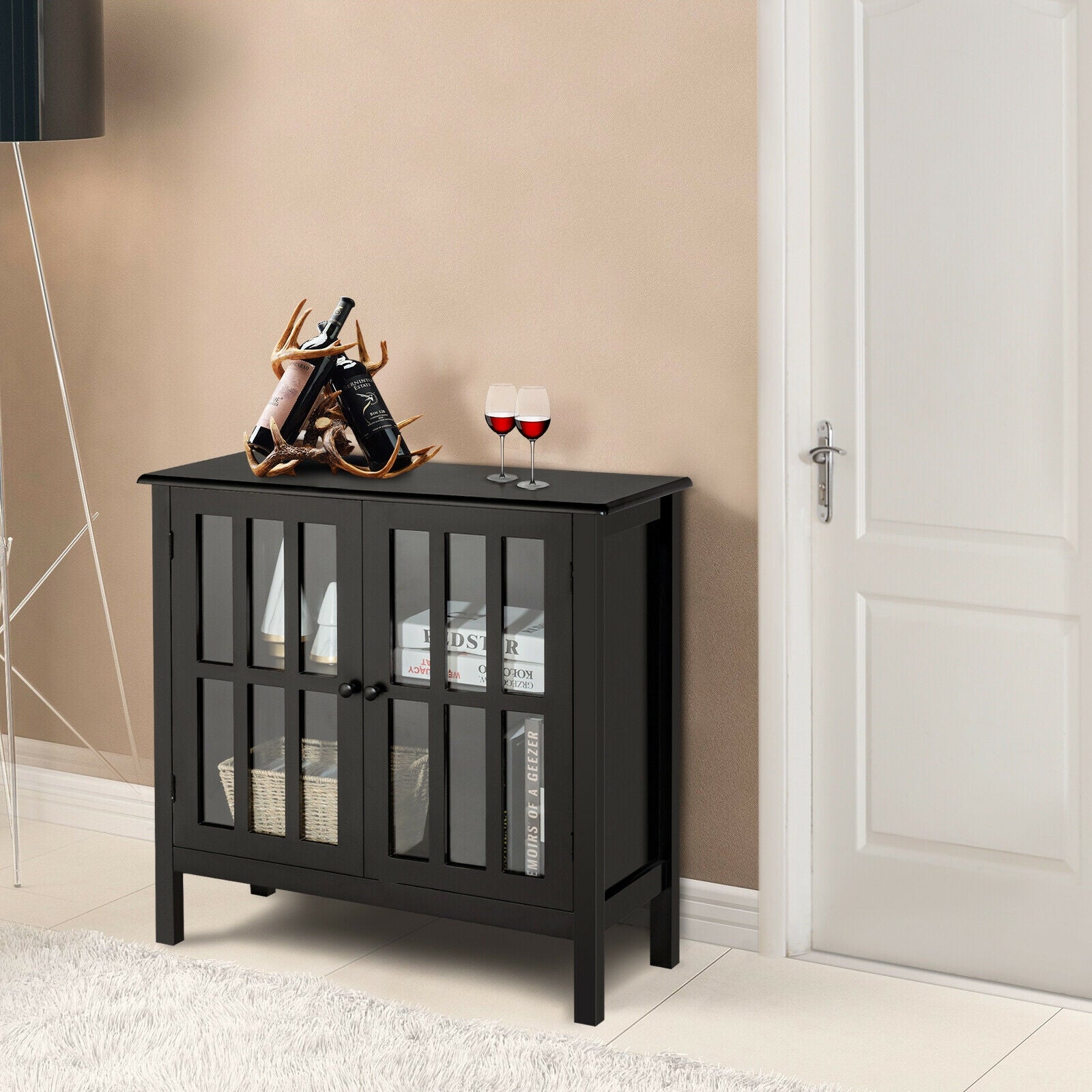 Glass Door Sideboard Console Storage Buffet Cabinet-BlackÂ