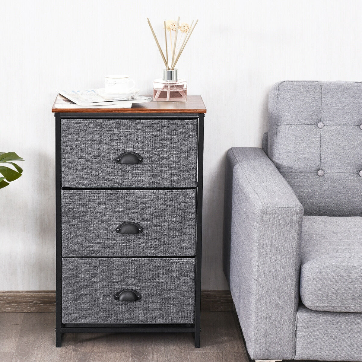 Nightstand Side Table Storage Tower Dresser Chest with 3 Drawers-BlackÂ