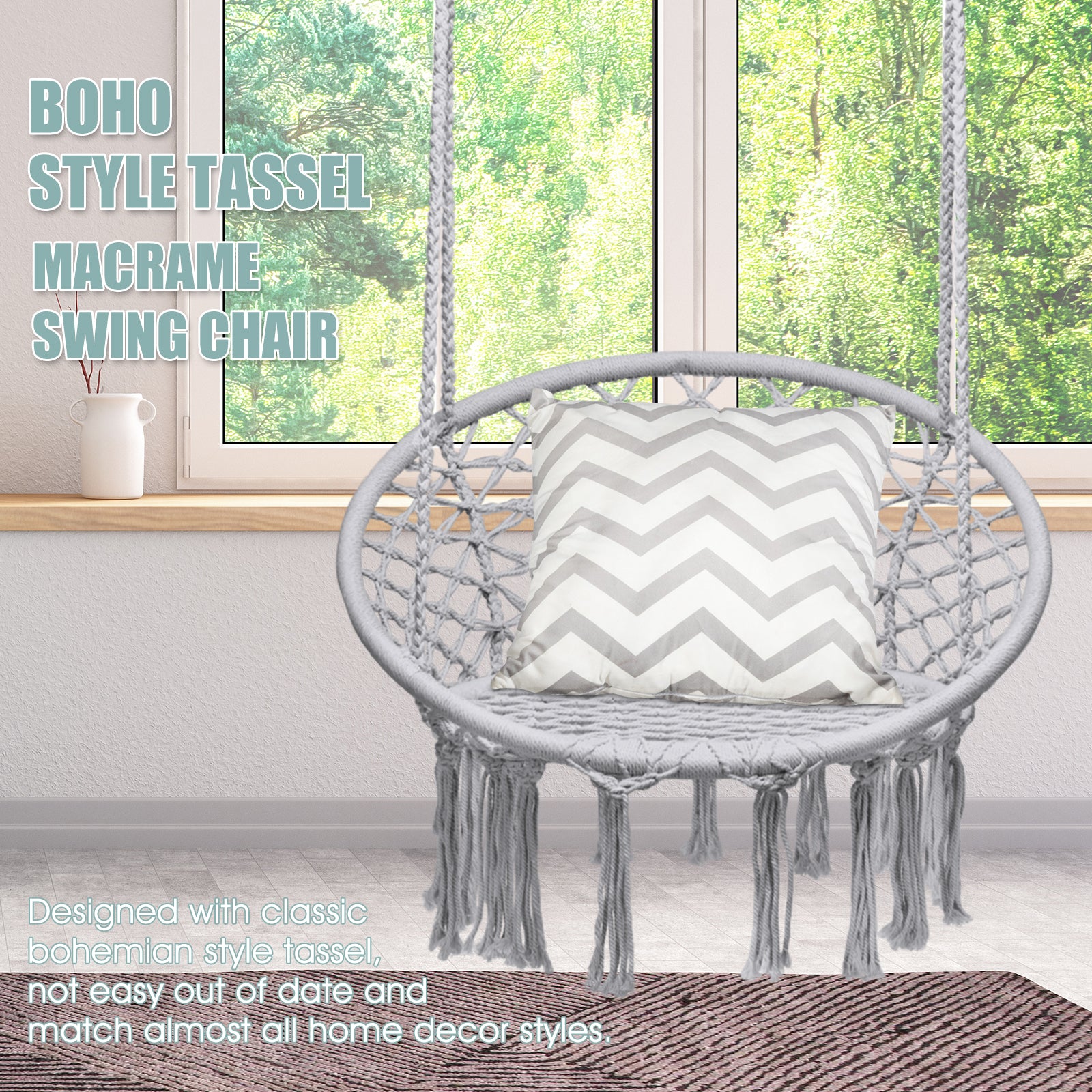 Hanging Macrame Hammock Chair with Handwoven Cotton Backrest-GrayÂ