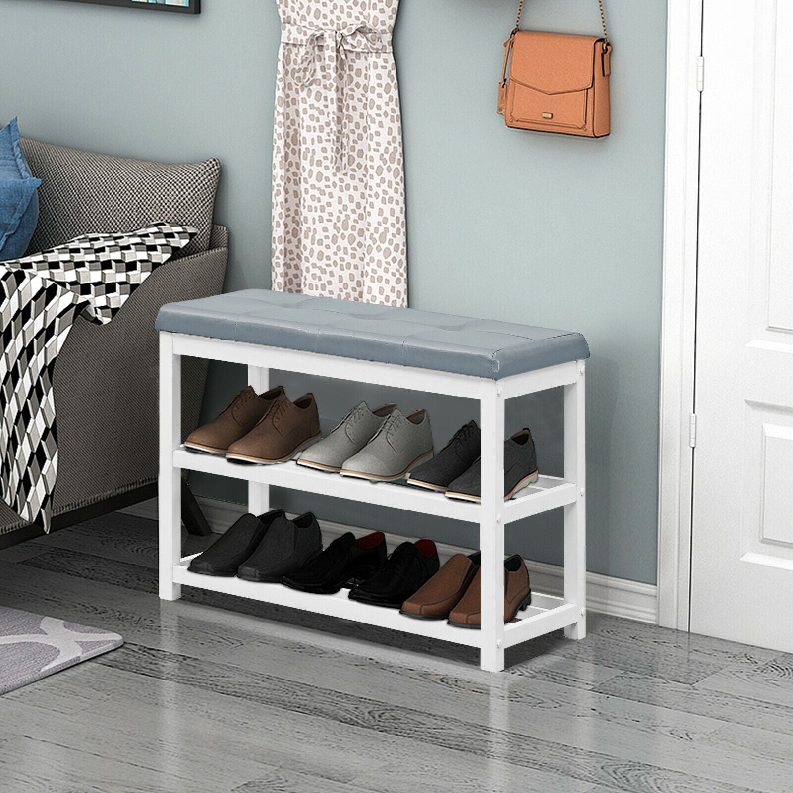 2-Tier Wooden Shoe Rack Bench with Padded Seat-WhiteÂ