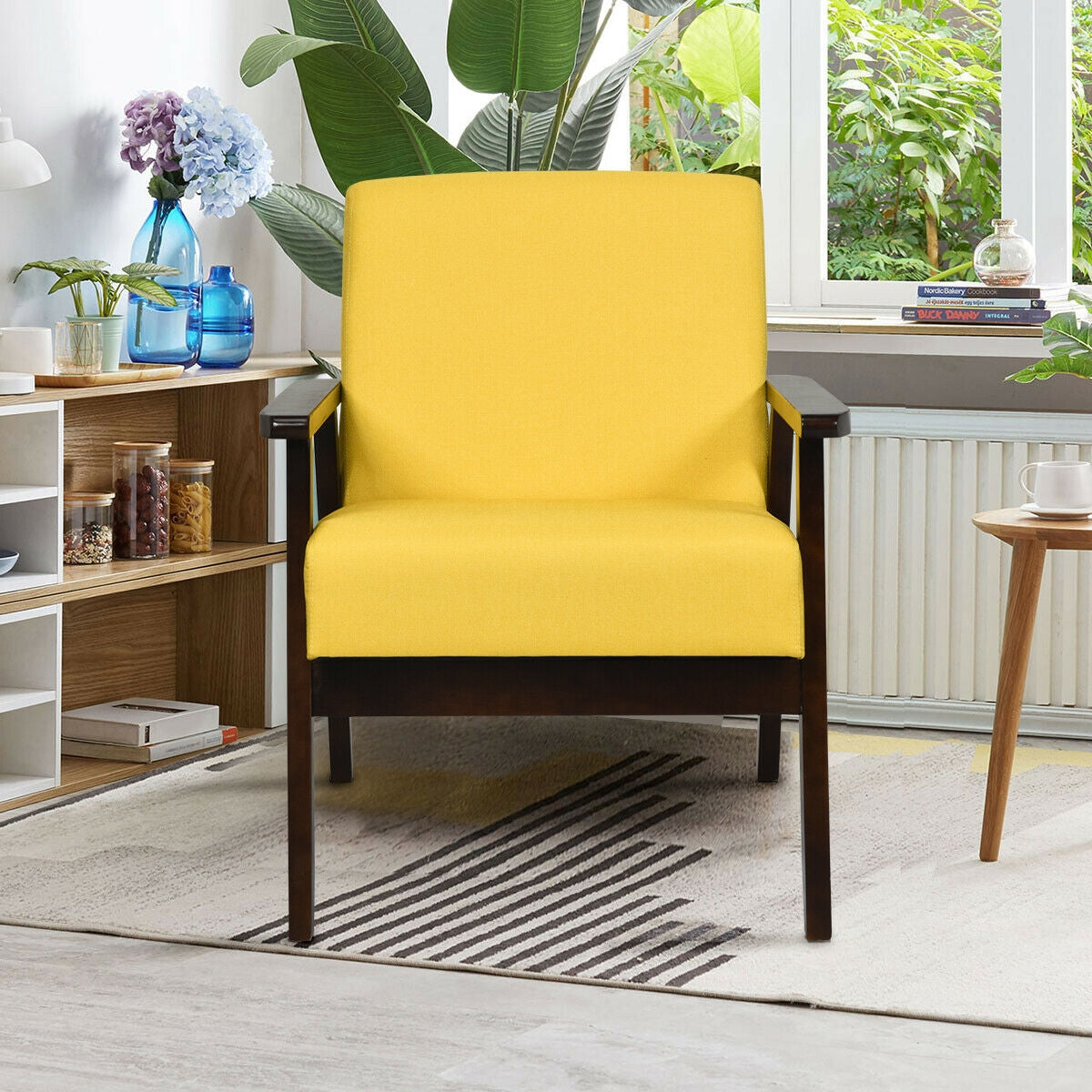 Solid Rubber Wood Fabric Accent Armchair-YellowÂ