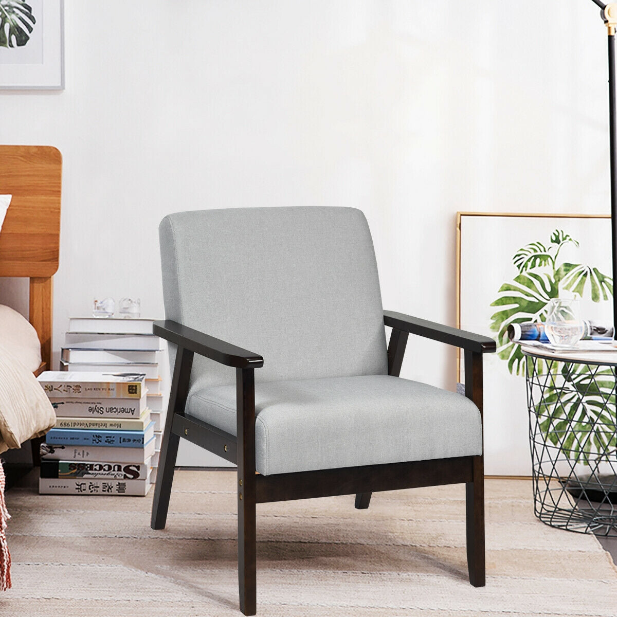 Solid Rubber Wood Fabric Accent Armchair-Light GrayÂ