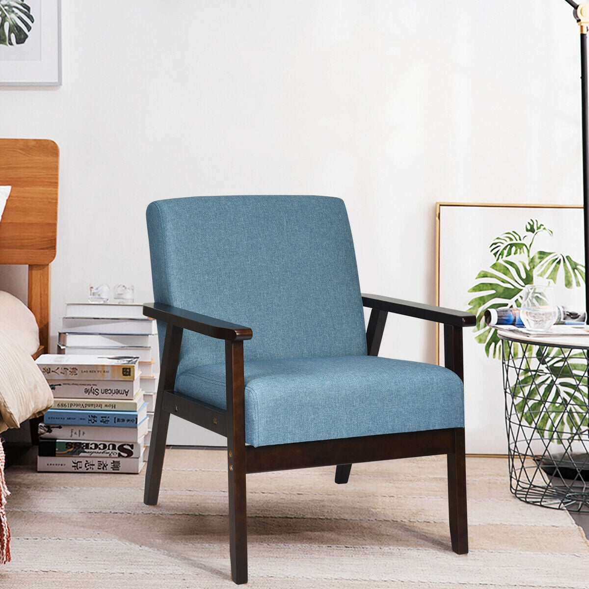 Solid Rubber Wood Fabric Accent Armchair-BlueÂ