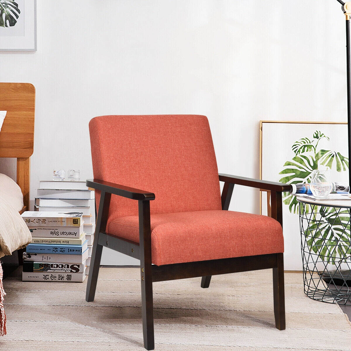 Solid Rubber Wood Fabric Accent Armchair-OrangeÂ
